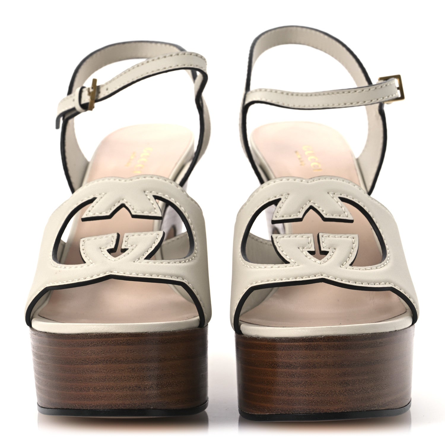 Cosmos Softy Calfskin Wooden Interlocking G Cut-Out 30/120mm Platform Sandals 40 Mystic White