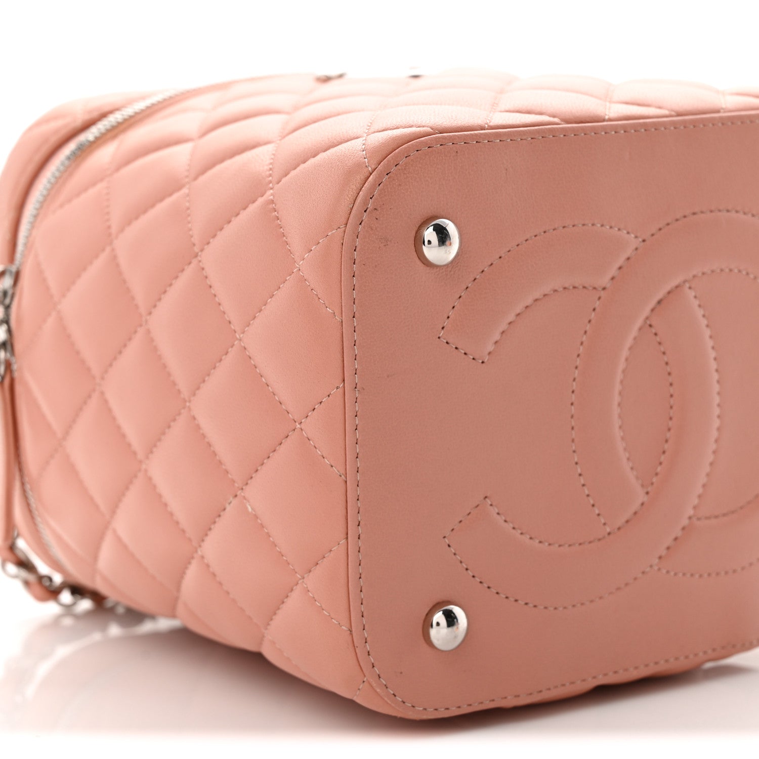 Lambskin Quilted Top Handle Vanity Case With Chain Light Pink