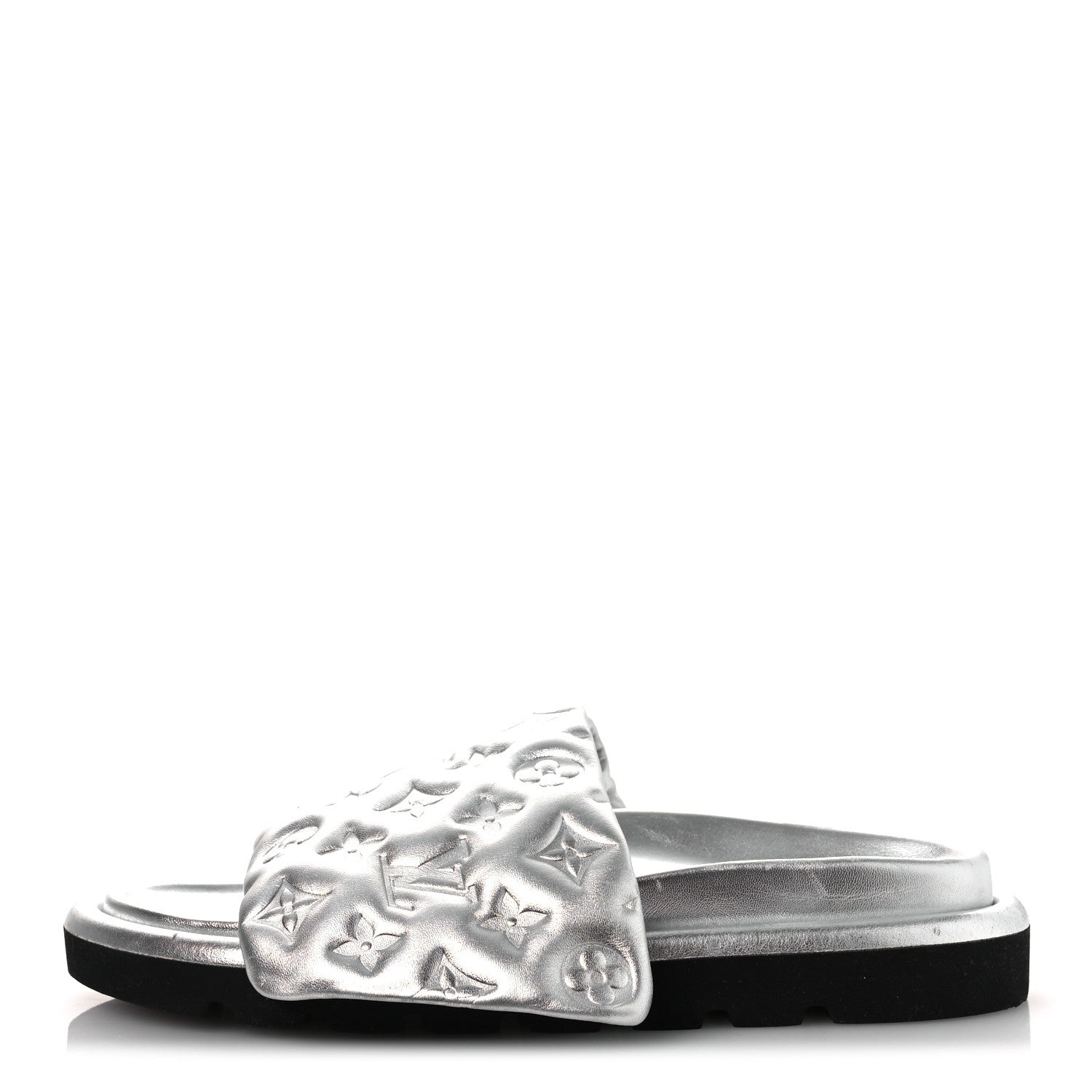 Lambskin Embossed Monogram Pool Pillow Flat Comfort Mule 39 Silver