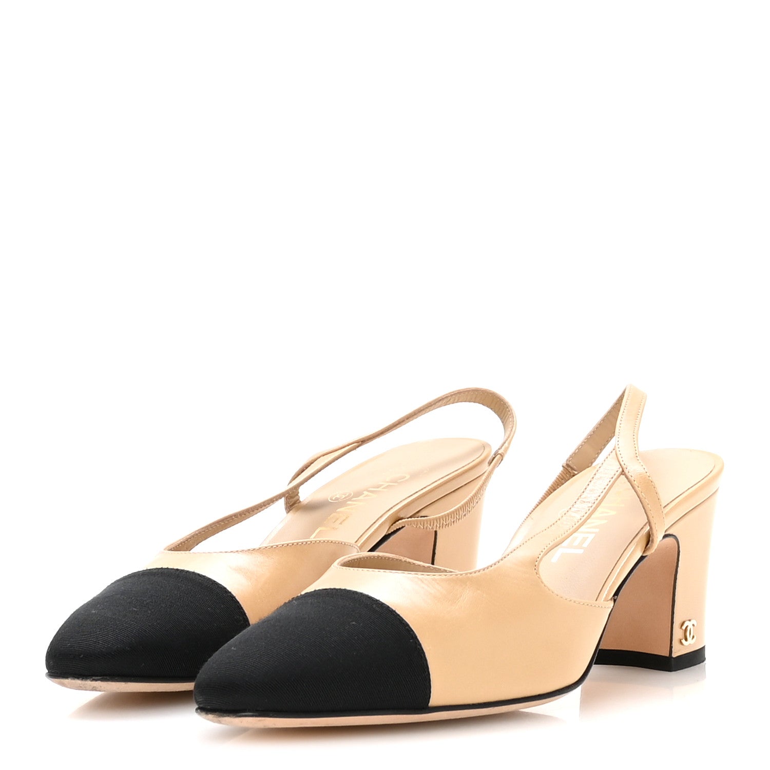 Goatskin Grosgrain Cap Toe CC Slingback Pumps 37.5 Beige Black