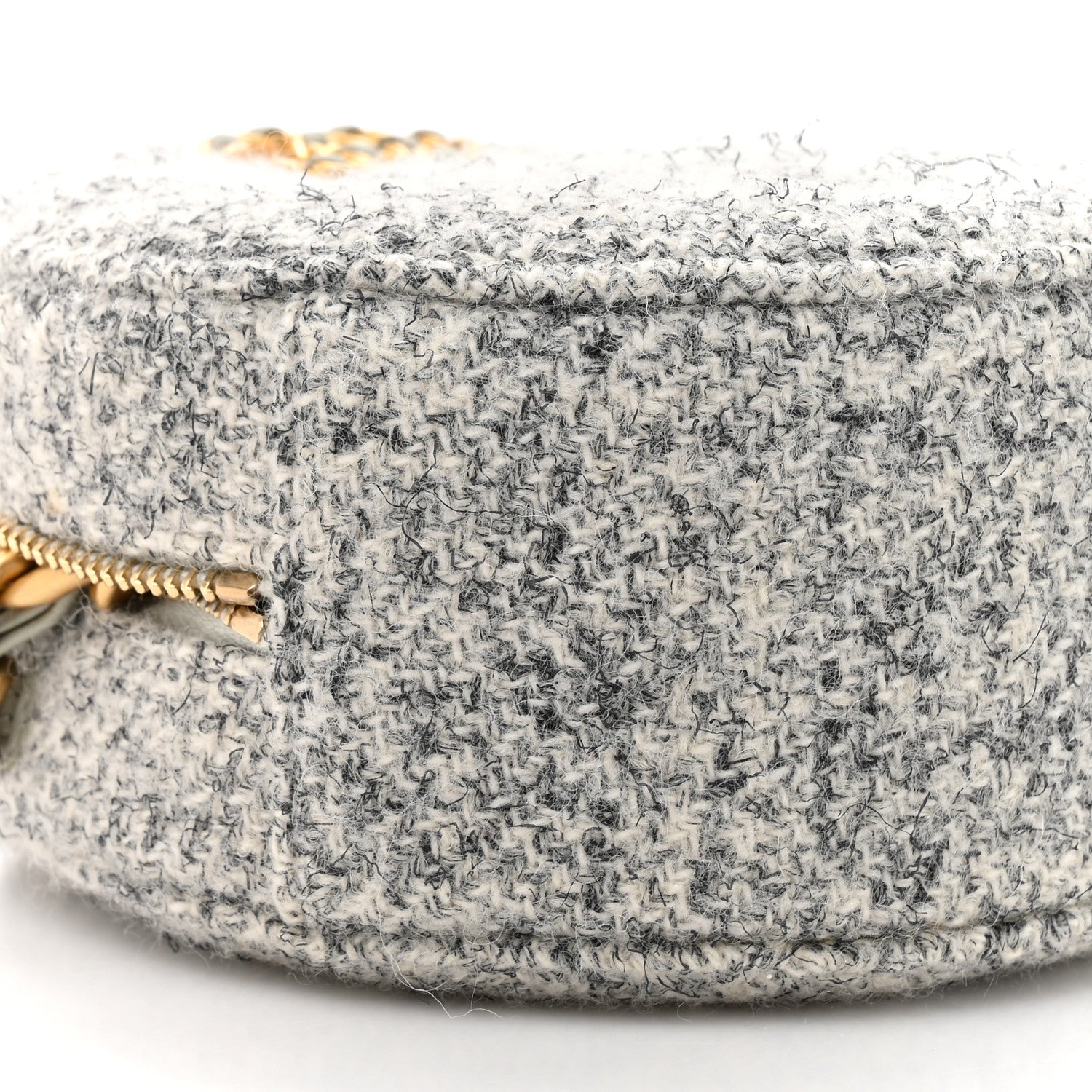 Wool Tweed Lambskin Quilted Chanel 19 Round Clutch With Chain Grey Ecru