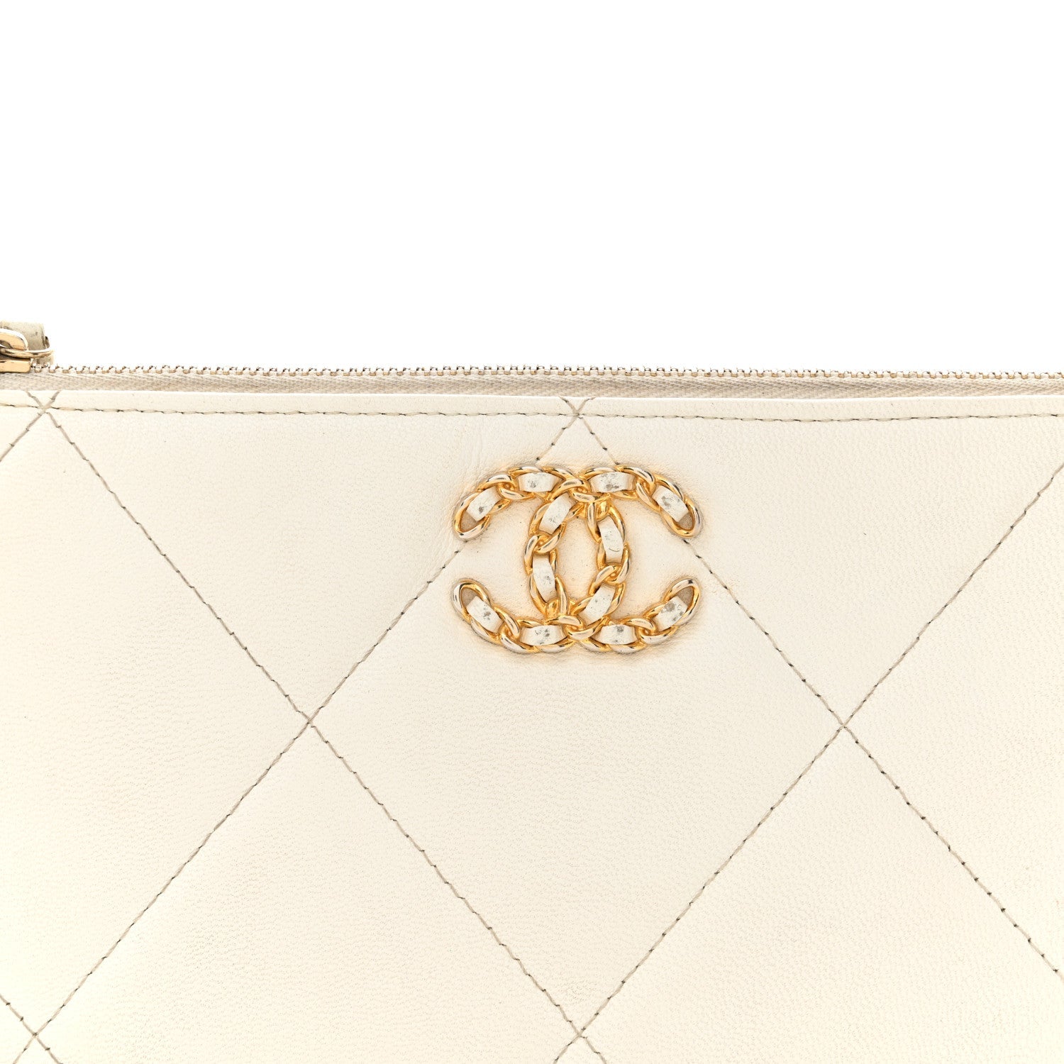 Shiny Goatskin Quilted Chanel 19 Small Pouch With Handle White