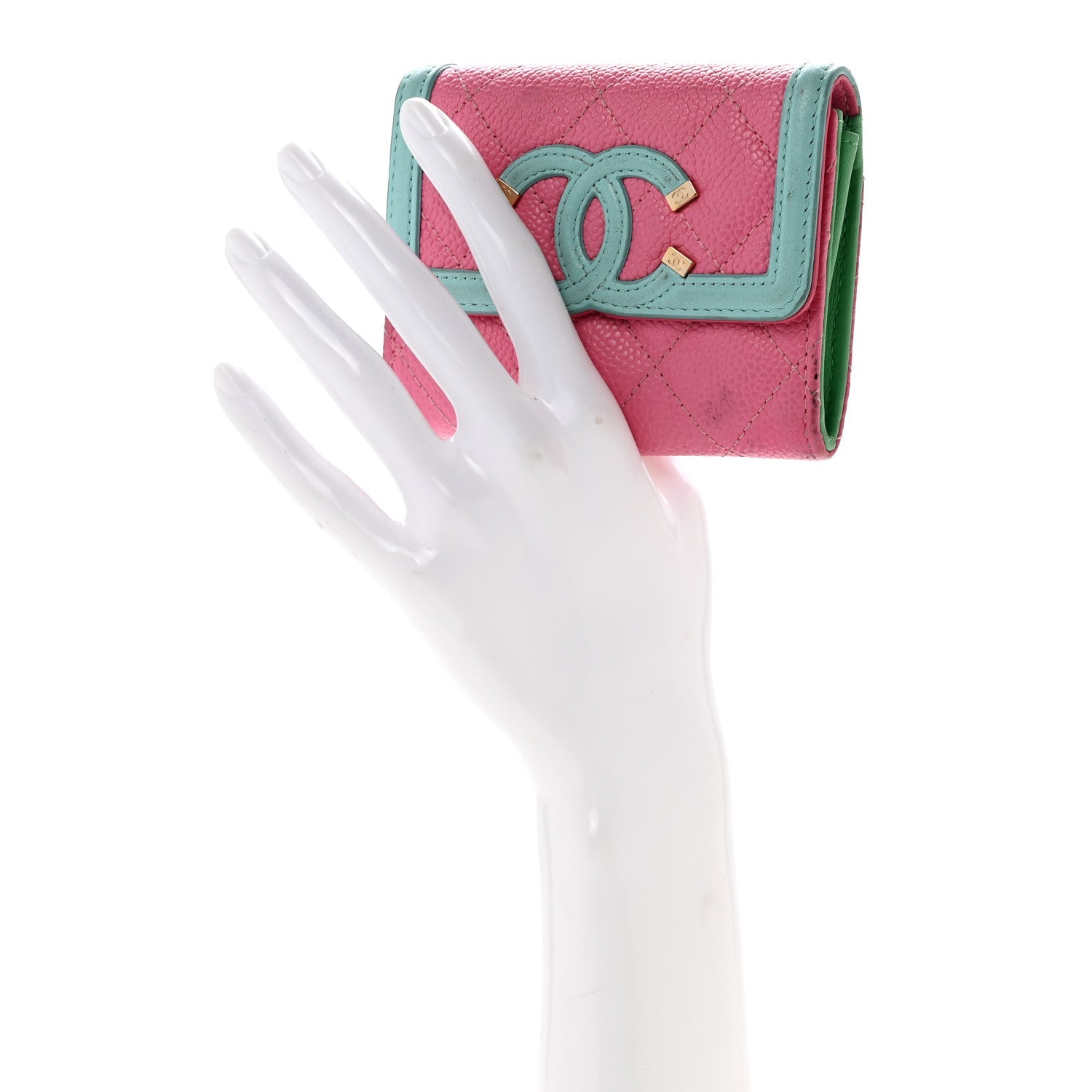 Caviar Quilted Filigree Flap Card Holder Pink Blue Green