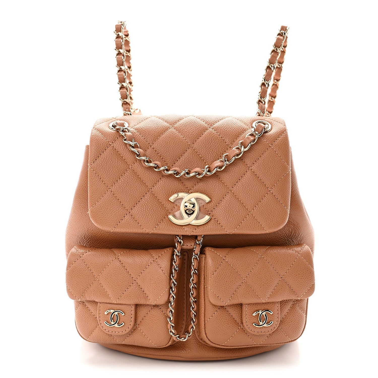 Shiny Caviar Quilted Medium Duma Pockets Drawstring Backpack Dark Beige