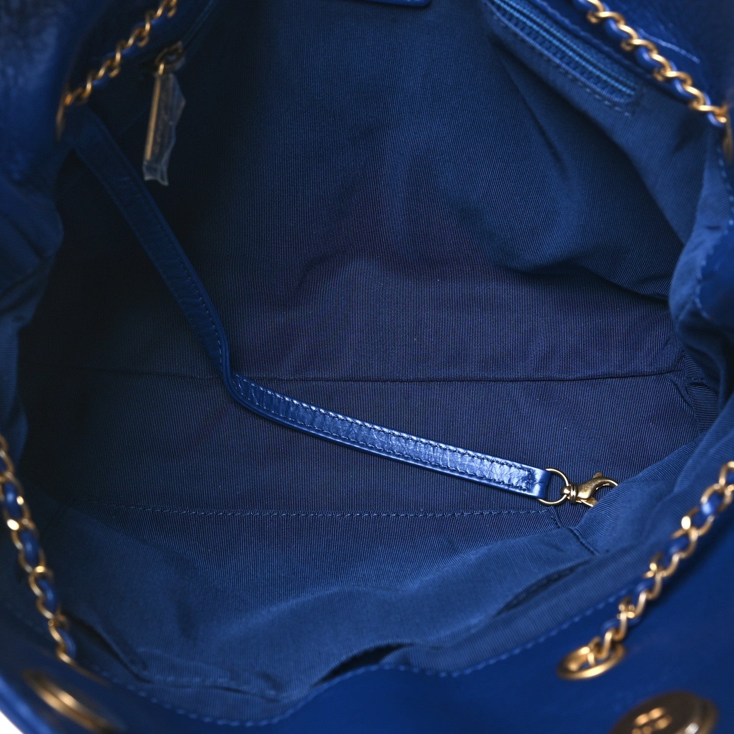 Metallic Aged Calfskin Quilted Drawstring Shopping Tote Blue