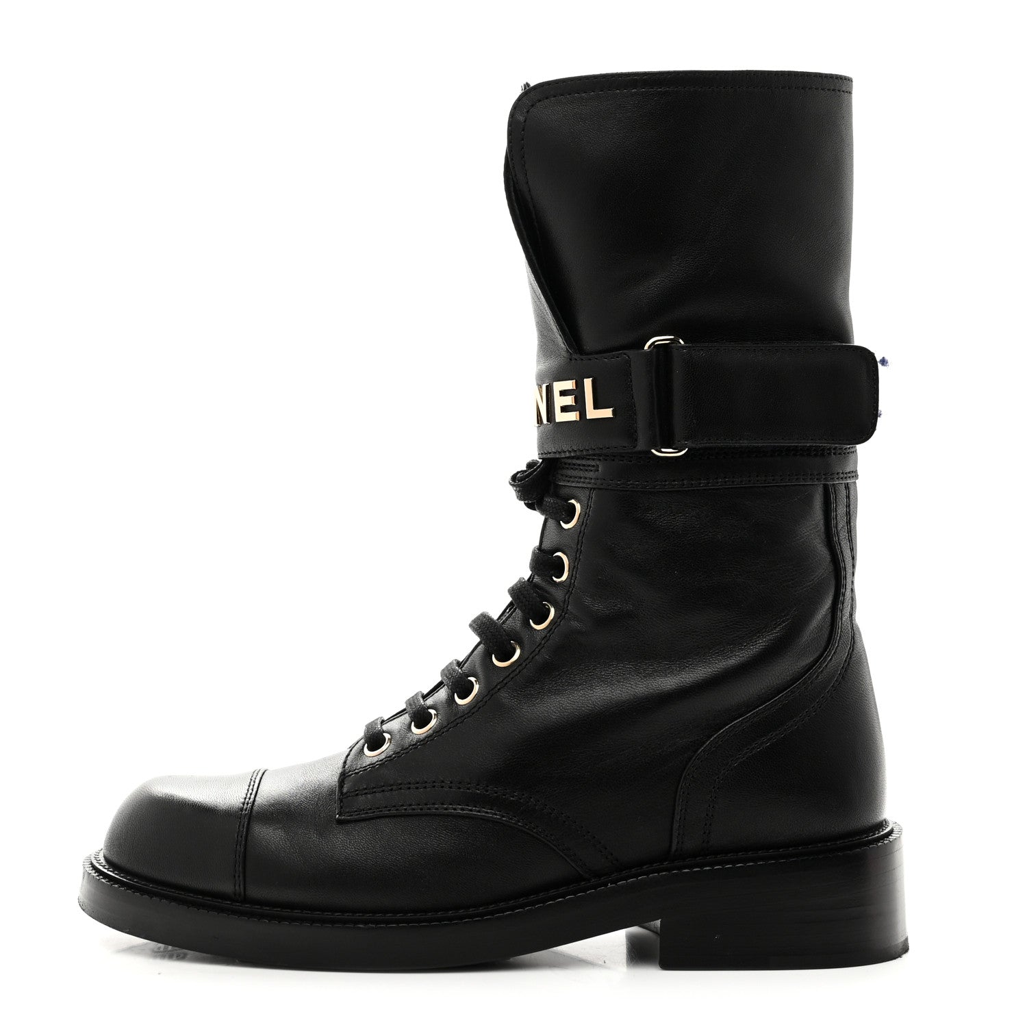 Shiny Calfskin Lace Up Combat Boots 37 Black