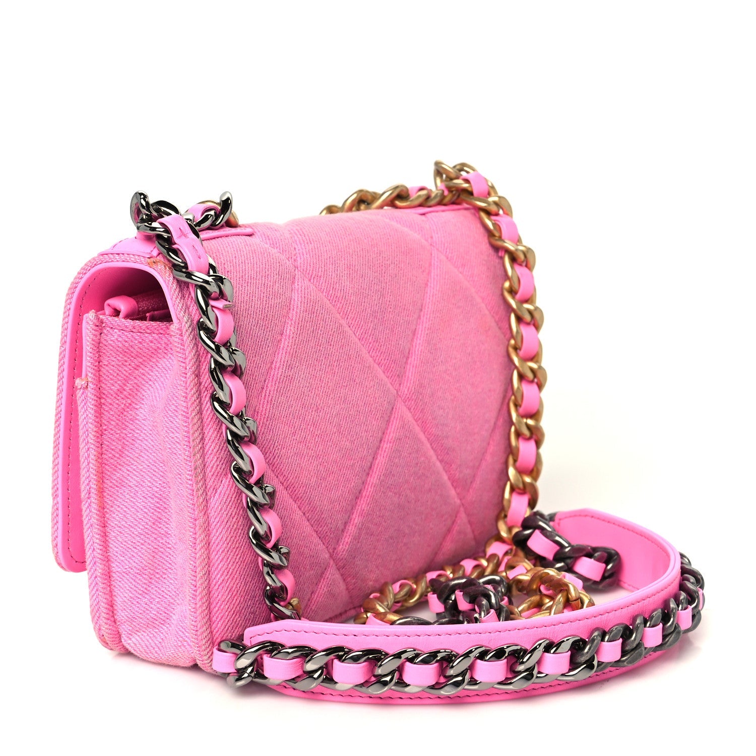 Denim Quilted Chanel 19 Wallet On Chain WOC Neon Pink