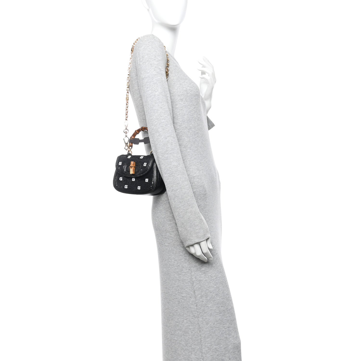 Sequin Lizard Embossed GG Mini Bamboo 1947 Top Handle Chain Bag Black White