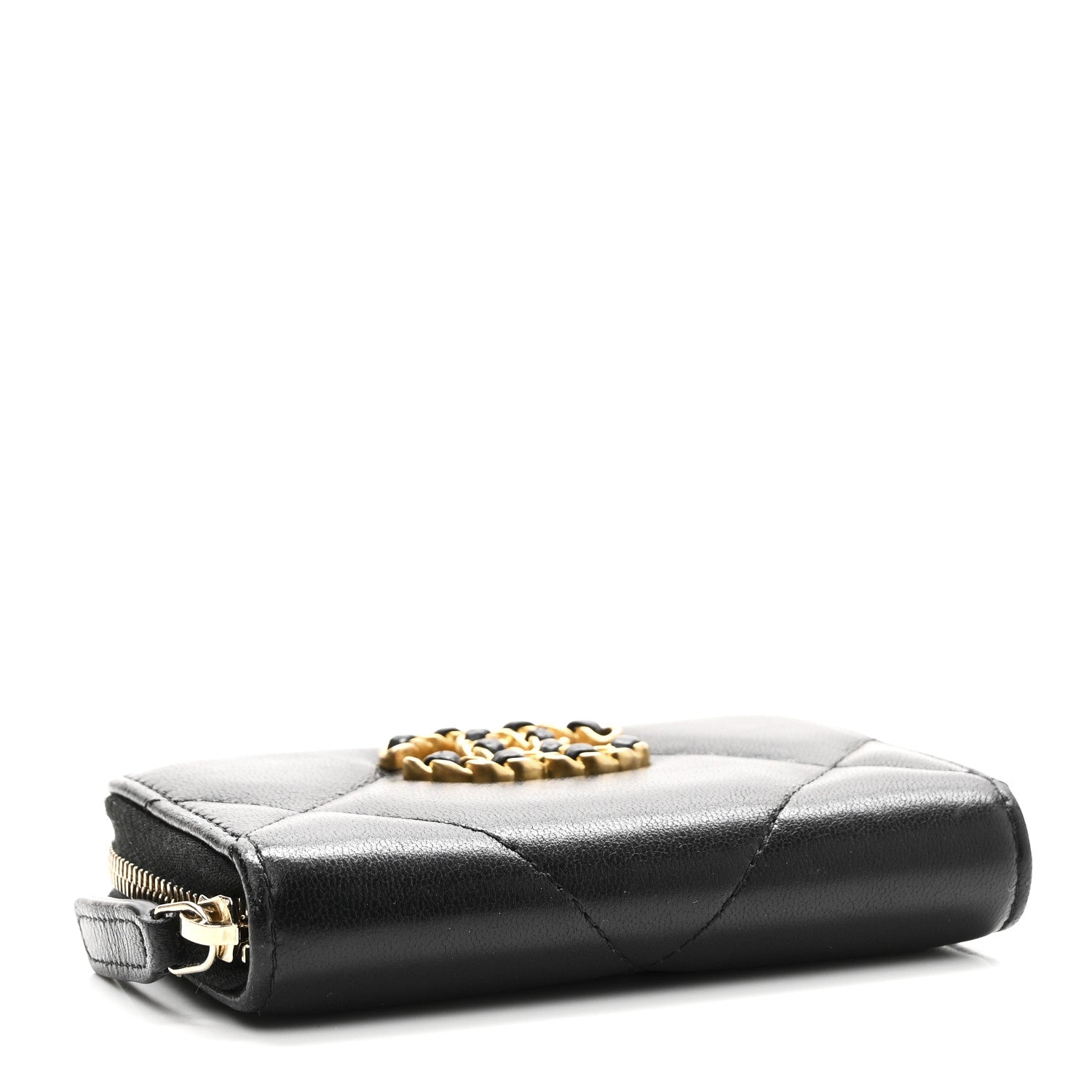 Lambskin Quilted Chanel 19 Zip Around Coin Purse Wallet Black