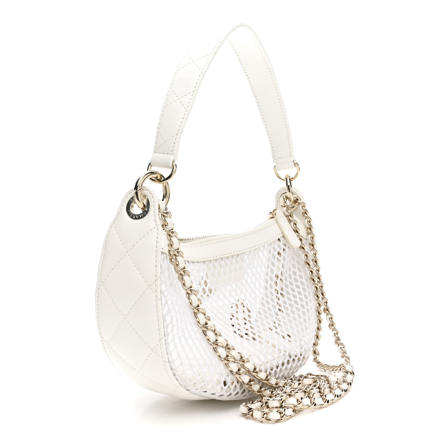 Mesh Shiny Lambskin Chain Hobo White