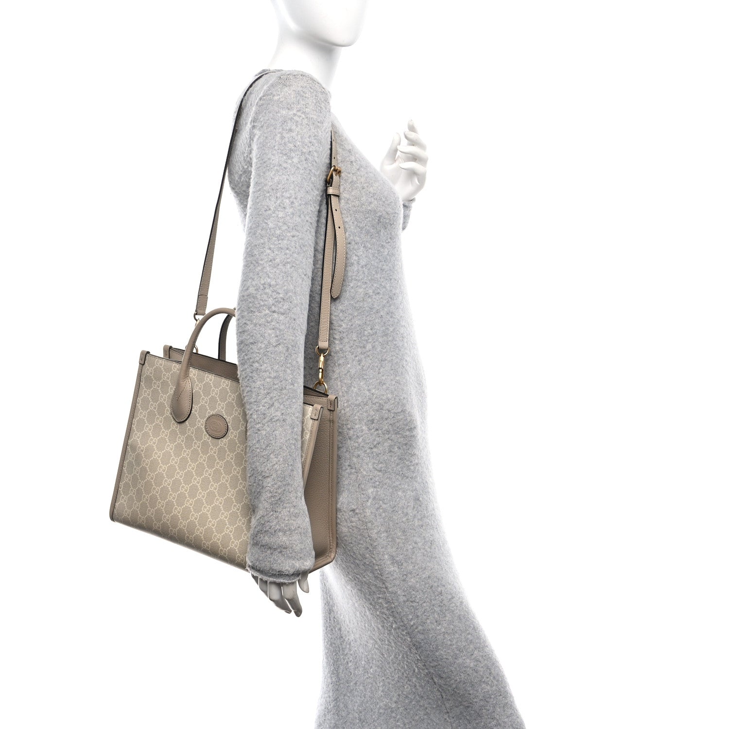 GG Supreme Monogram Textured Dollar Calfskin Small Retro Interlocking G Tote Bag Beige Mystic White Oatmeal