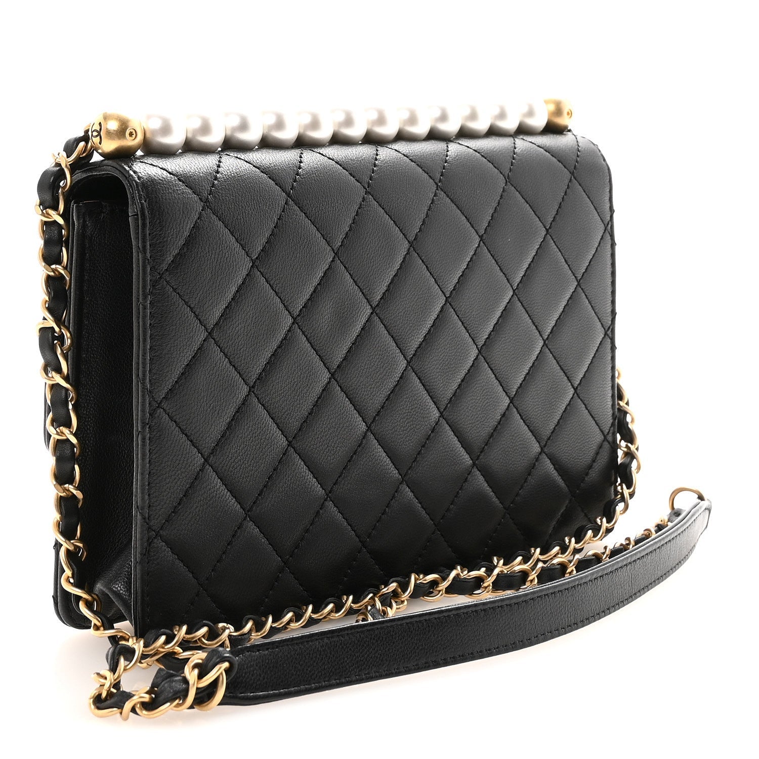 Goatskin Quilted Small Chic Pearls Flap Black