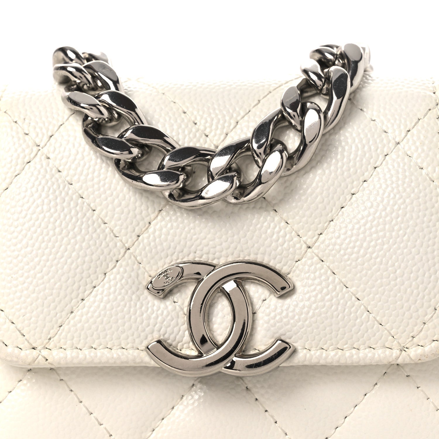 Caviar Quilted Enamel Coco Clutch With Chain White