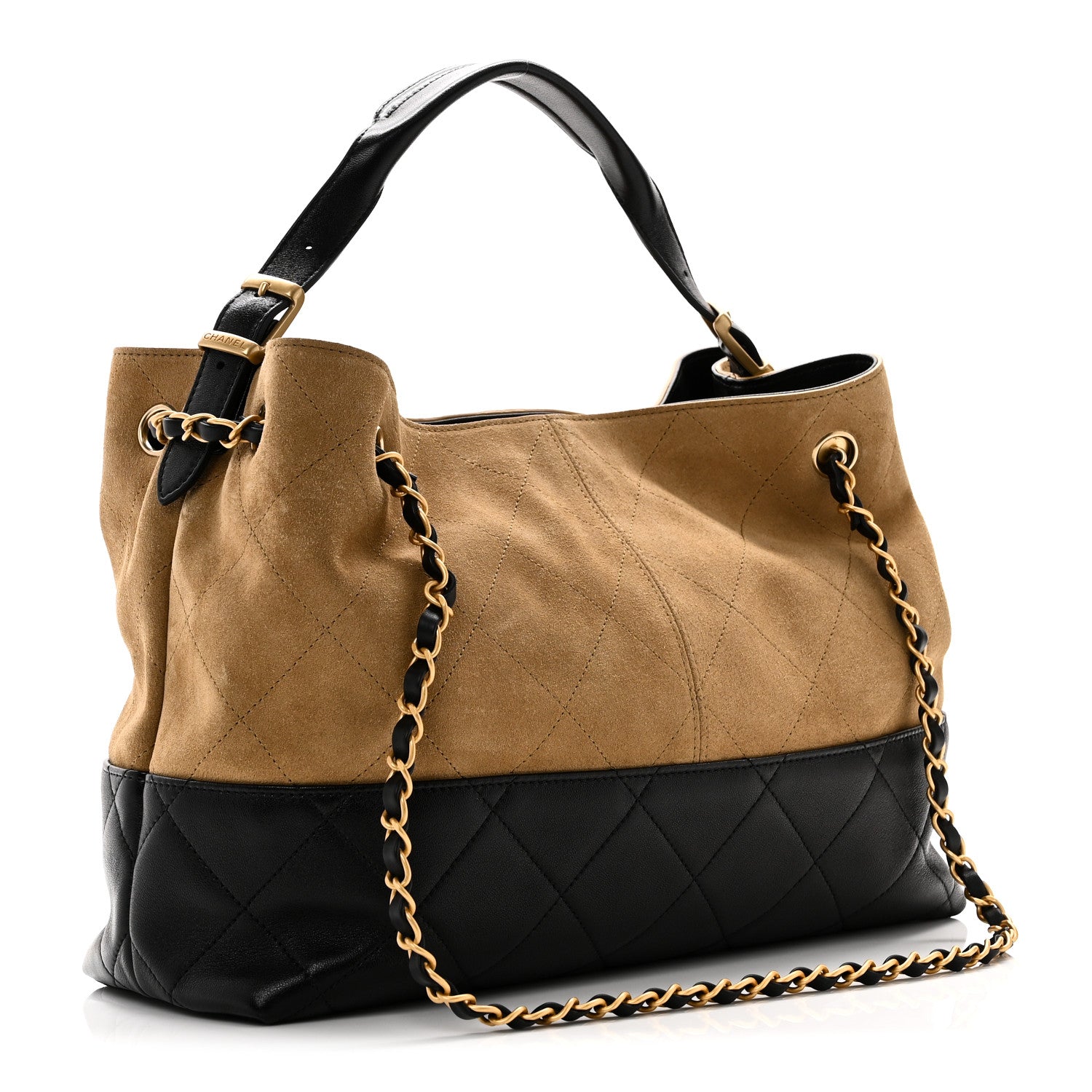 Suede Calfskin Shiny Lambskin Quilted Small Shopping Bag Beige Black
