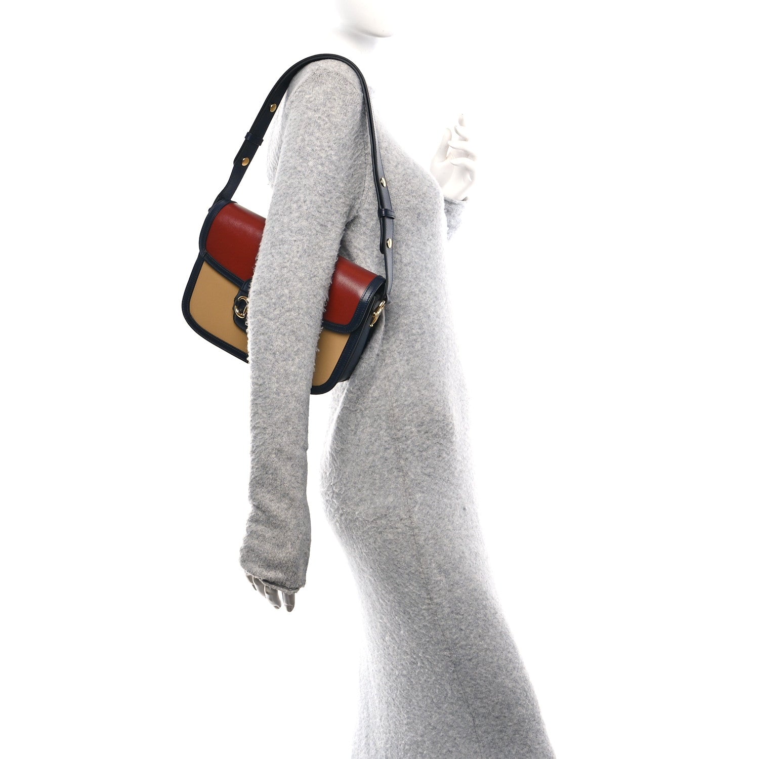 Azalea Calfskin Tri-Color Horsebit 1955 Shoulder Bag New Cherry Red Sun Oil Blue