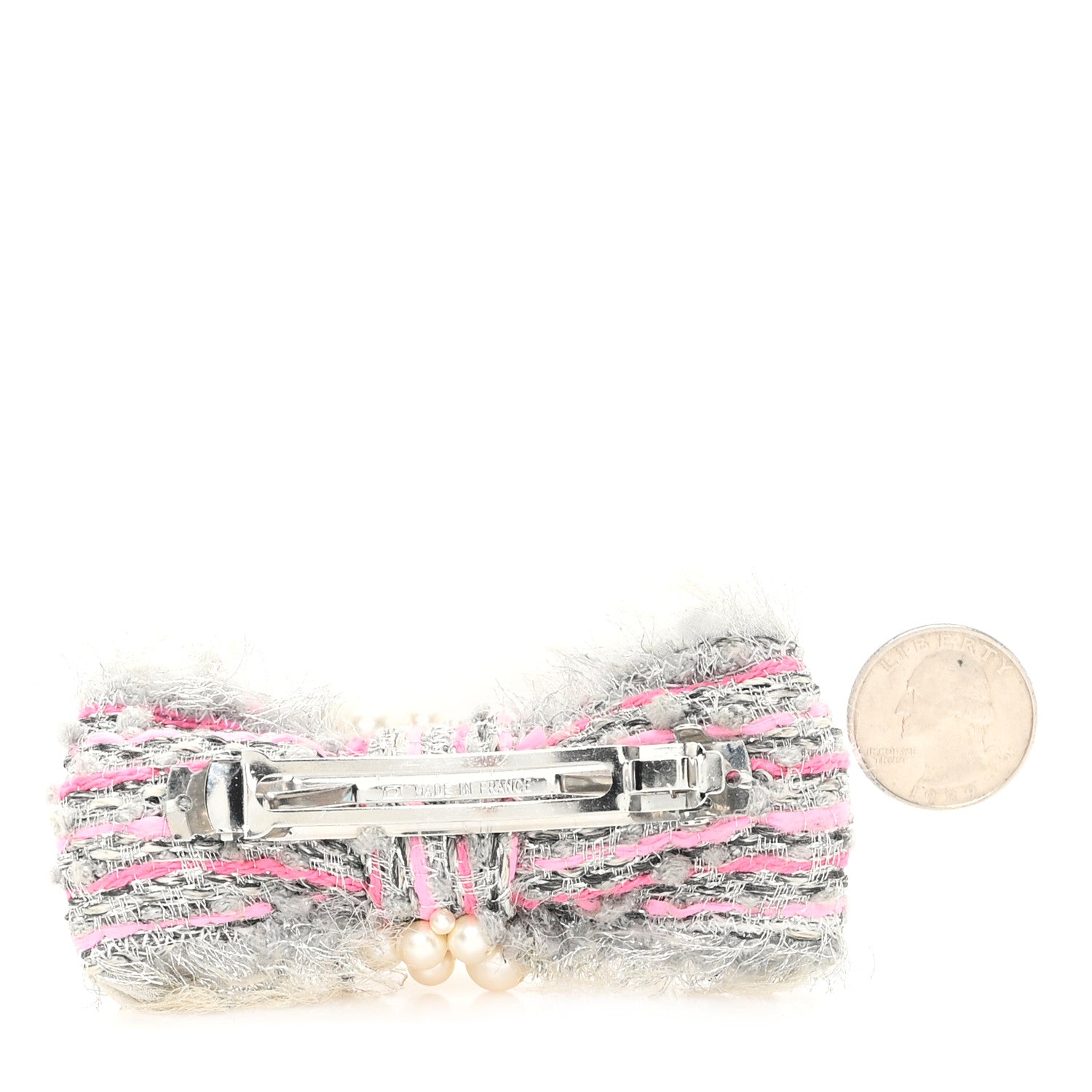 Metallic Tweed Pearl Bow Barrette Grey Pink