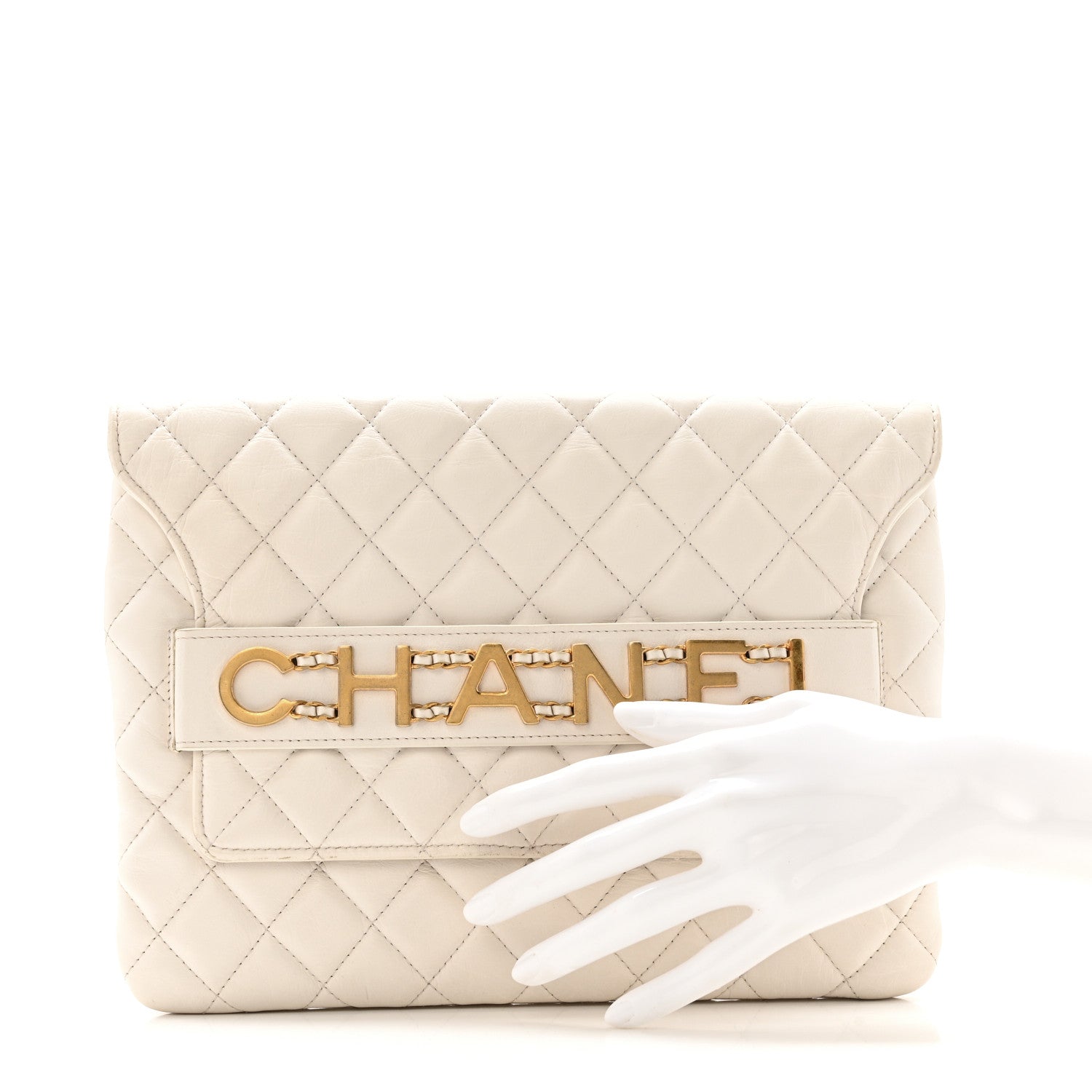 Calfskin Quilted Enchained Clutch White