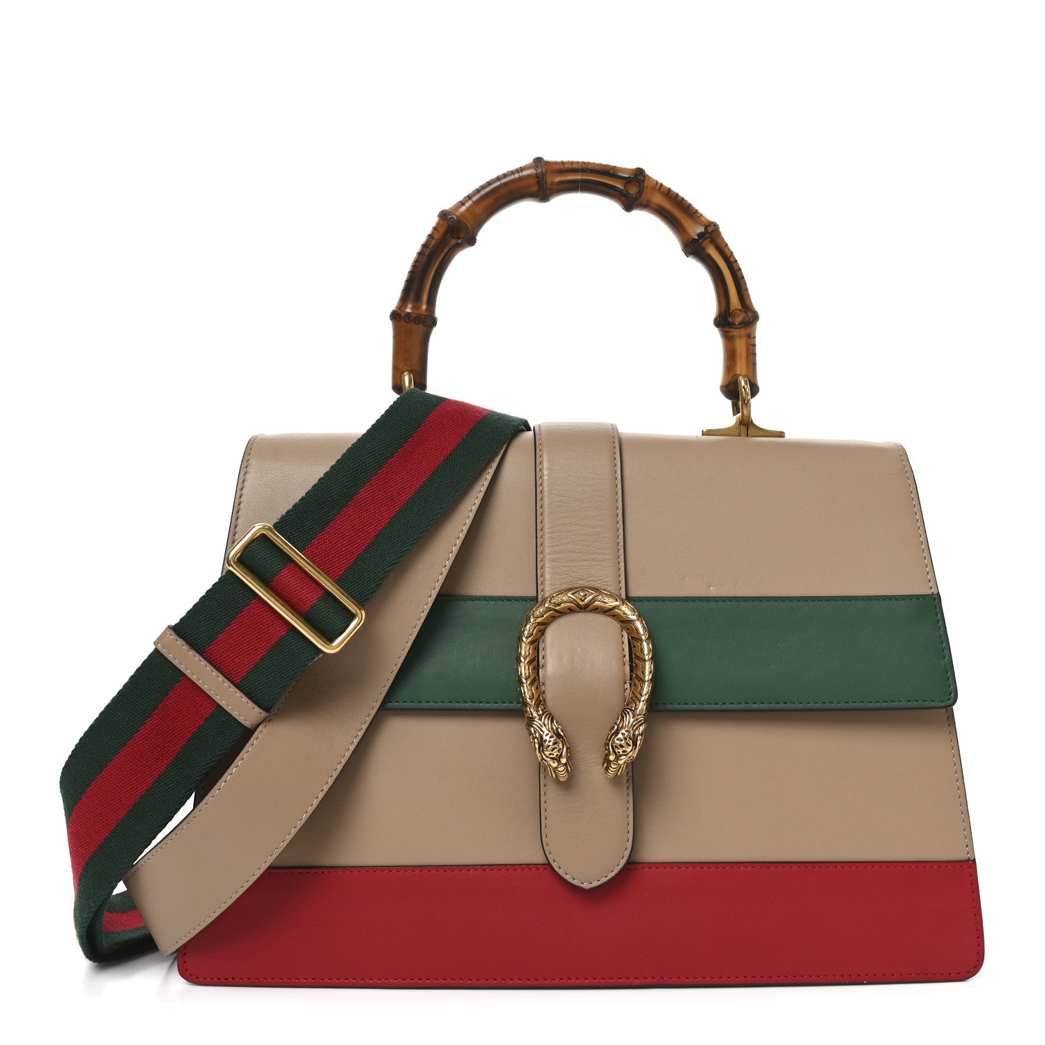 Moon Calfskin Web Large Dionysus Bamboo Top Handle Bag Camelia Bright Evergreen Hibiscus Red