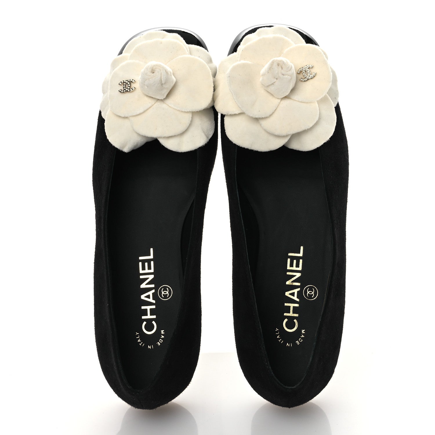 Suede Patent Cap Toe Camellia Ballerina Flats 36.5 Black White