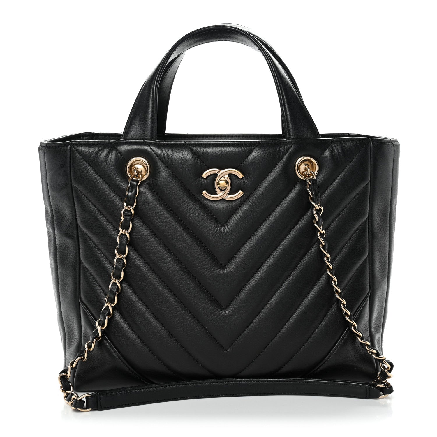 Calfskin Chevron Quilted Statement Shopping Tote Black