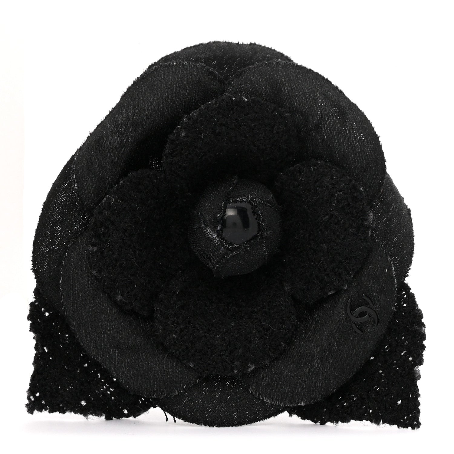 Tweed Fabric Camellia Pin Brooch Black