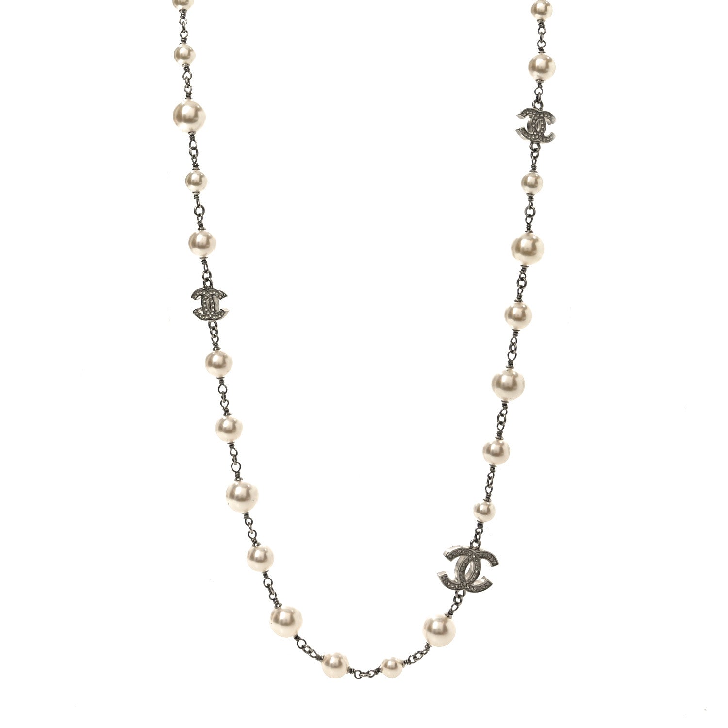 Graduated Pearl Crystal CC Long Necklace Silver