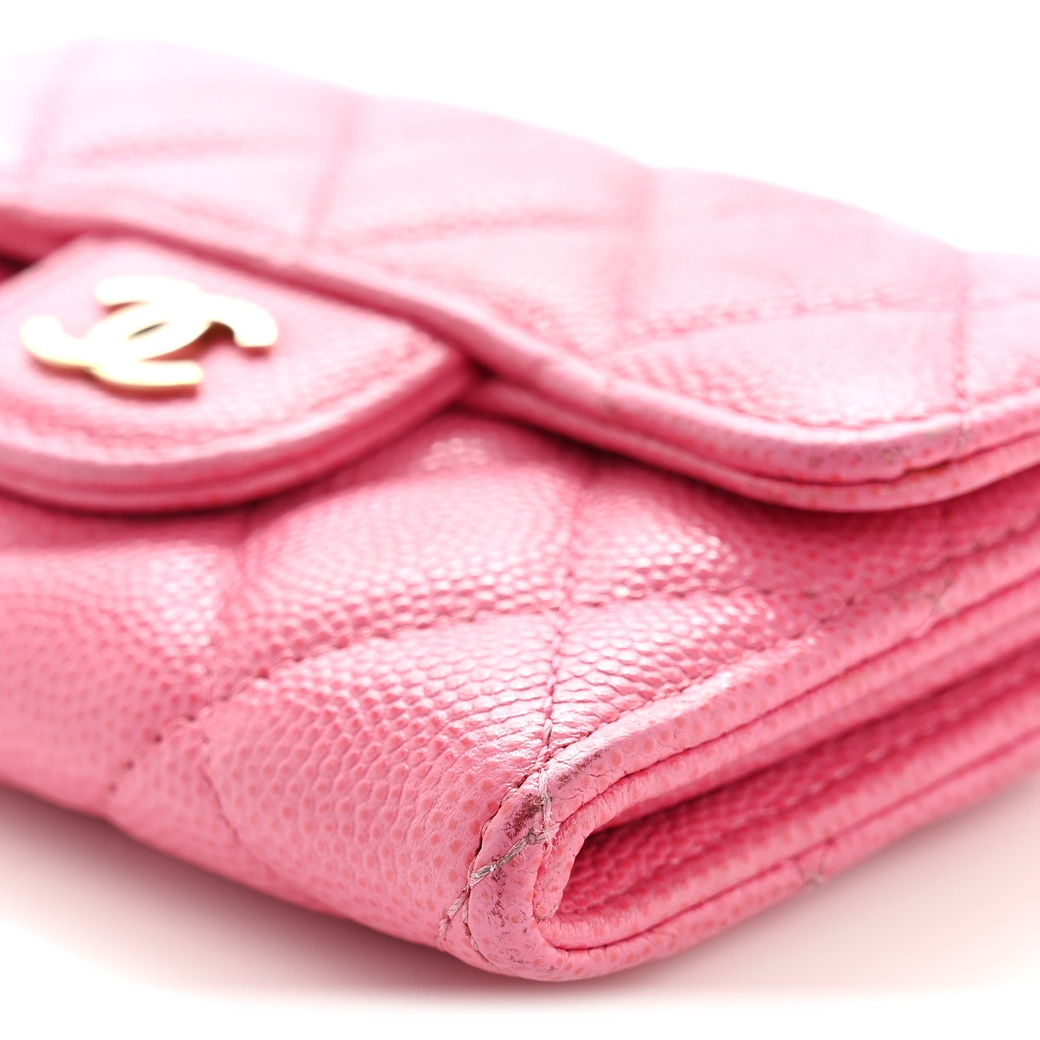 Caviar Quilted Flap Card Holder Wallet Pink