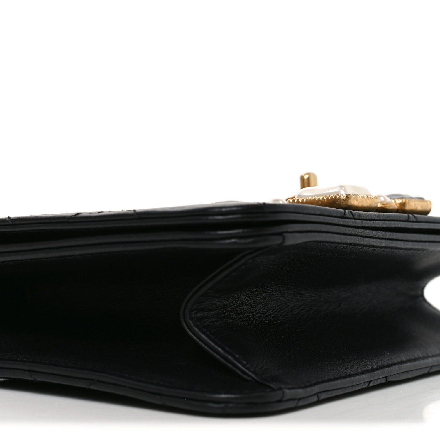 Calfskin Quilted Crystal Pearl Small Flap Bag Black