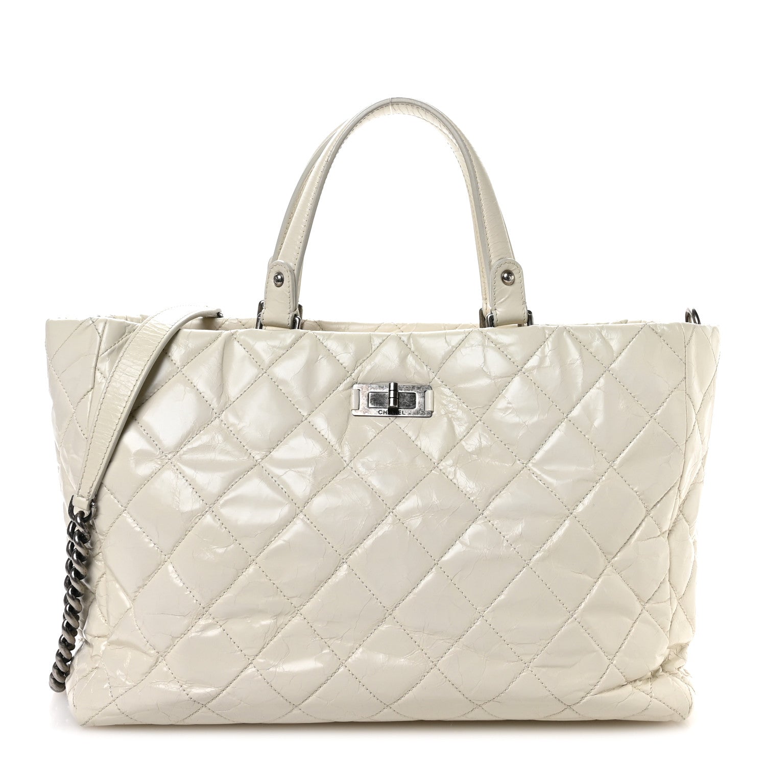 Glazed Crackled Calfskin Reissue Tote White