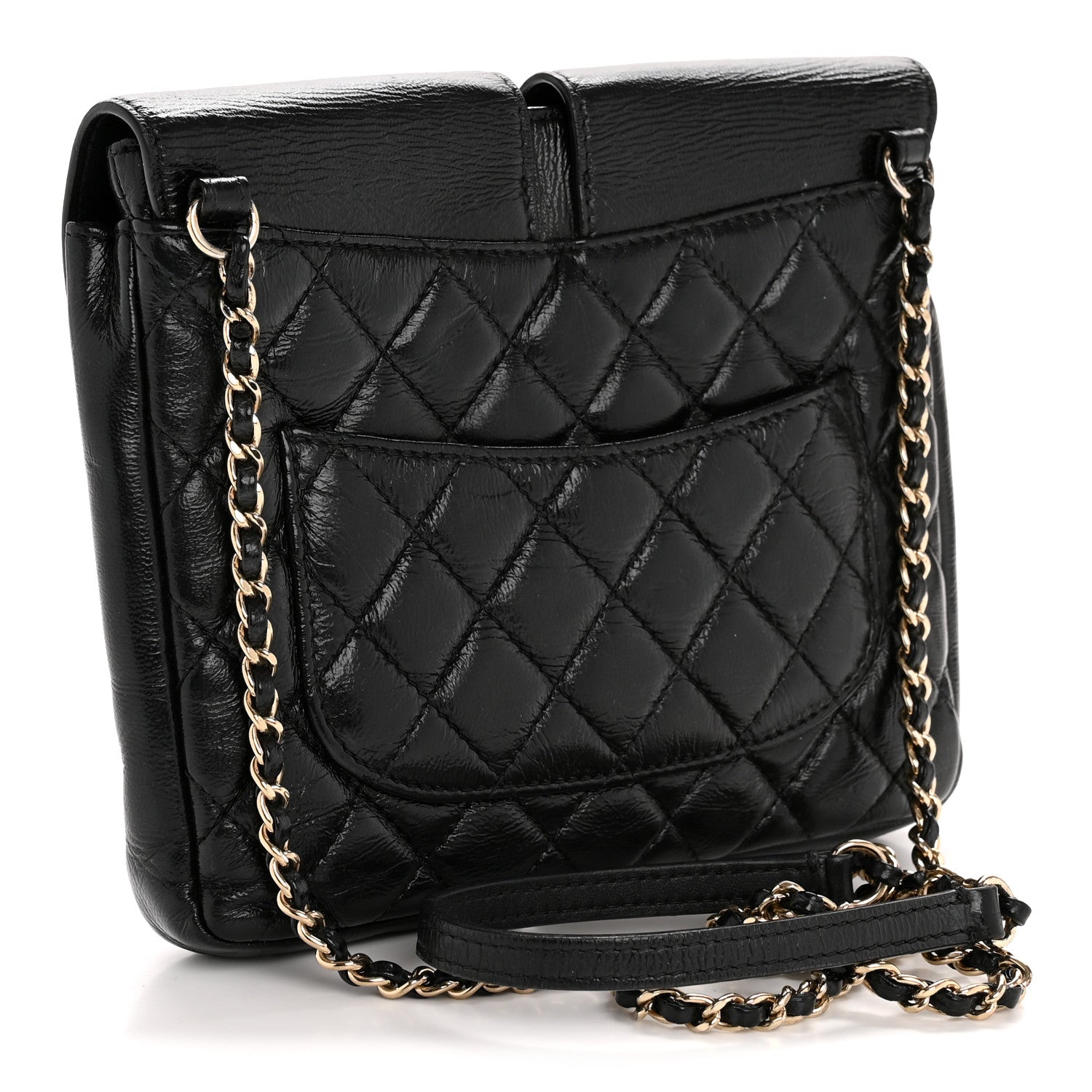 Glazed Calfskin Quilted Double Pocket Crossbody Flap Black