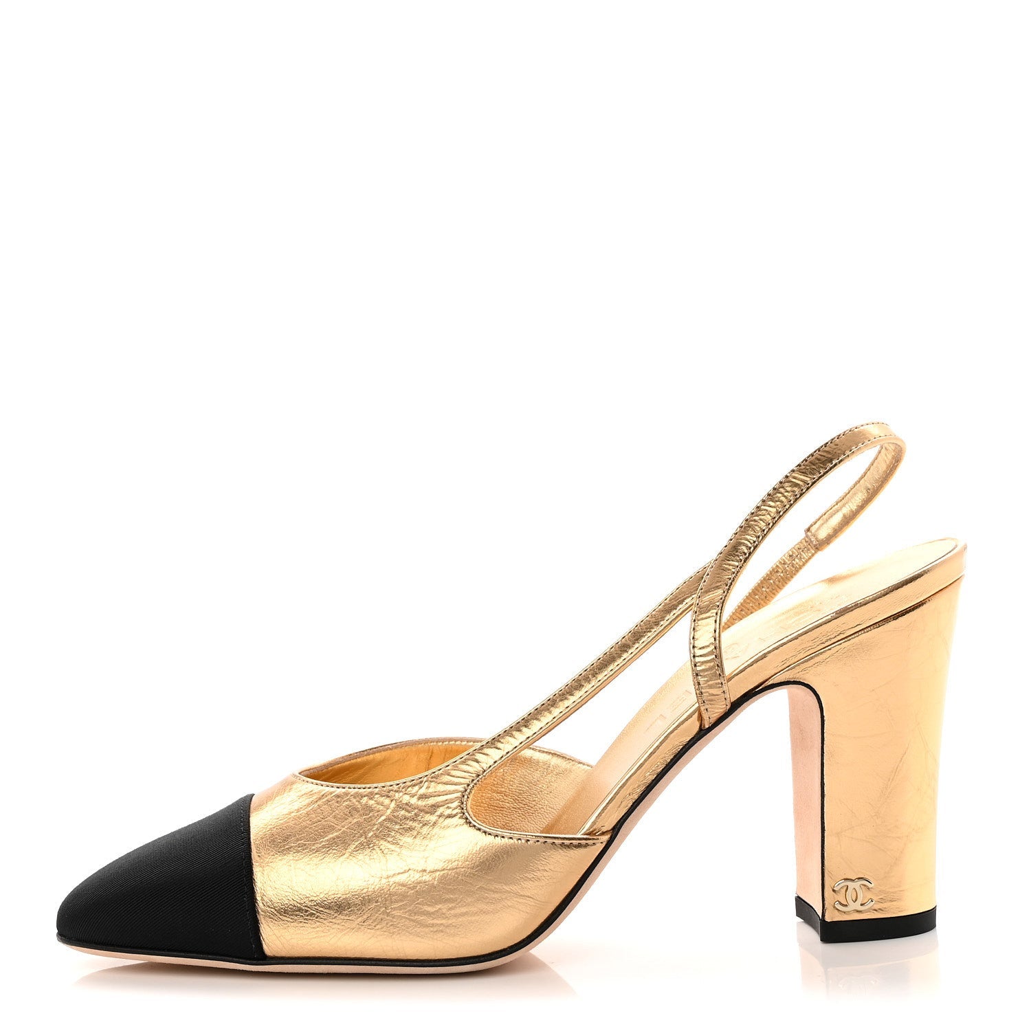 Laminated Crumpled Lambskin Grosgrain Cap Toe CC Slingback Pumps 39.5 Gold Black