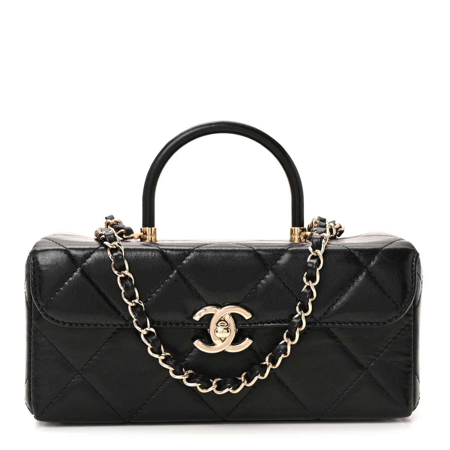 Shiny Calfskin Quilted Top Handle Box Bag Black
