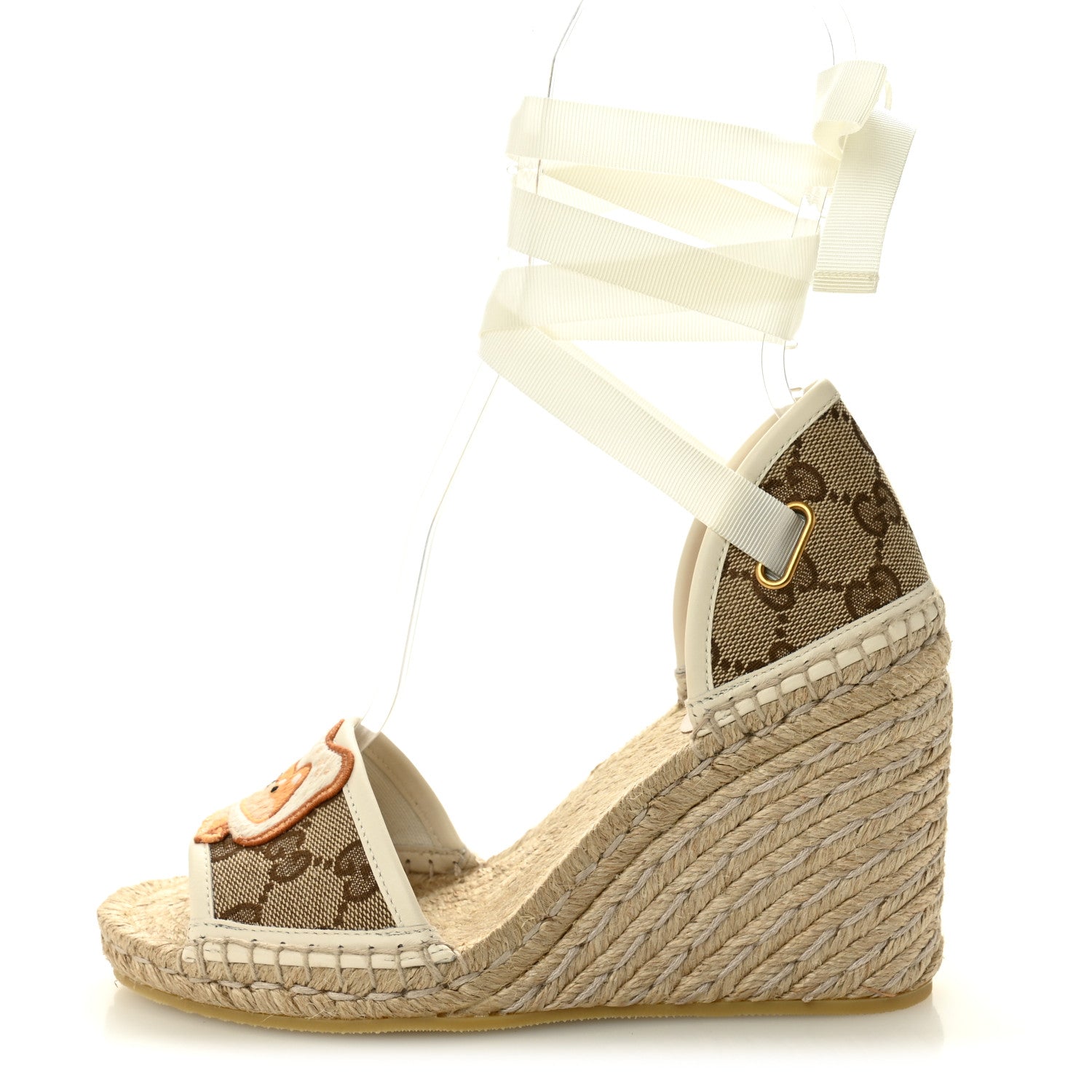 Monogram Patches Ankle Wrap Platform 35/120mm Espadrille Wedges 36 Beige White