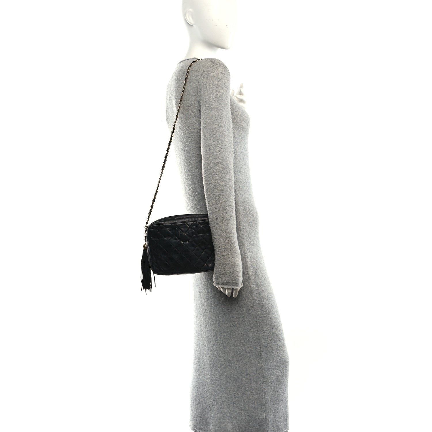 Lambskin Quilted CC Tassel Camera Case Black