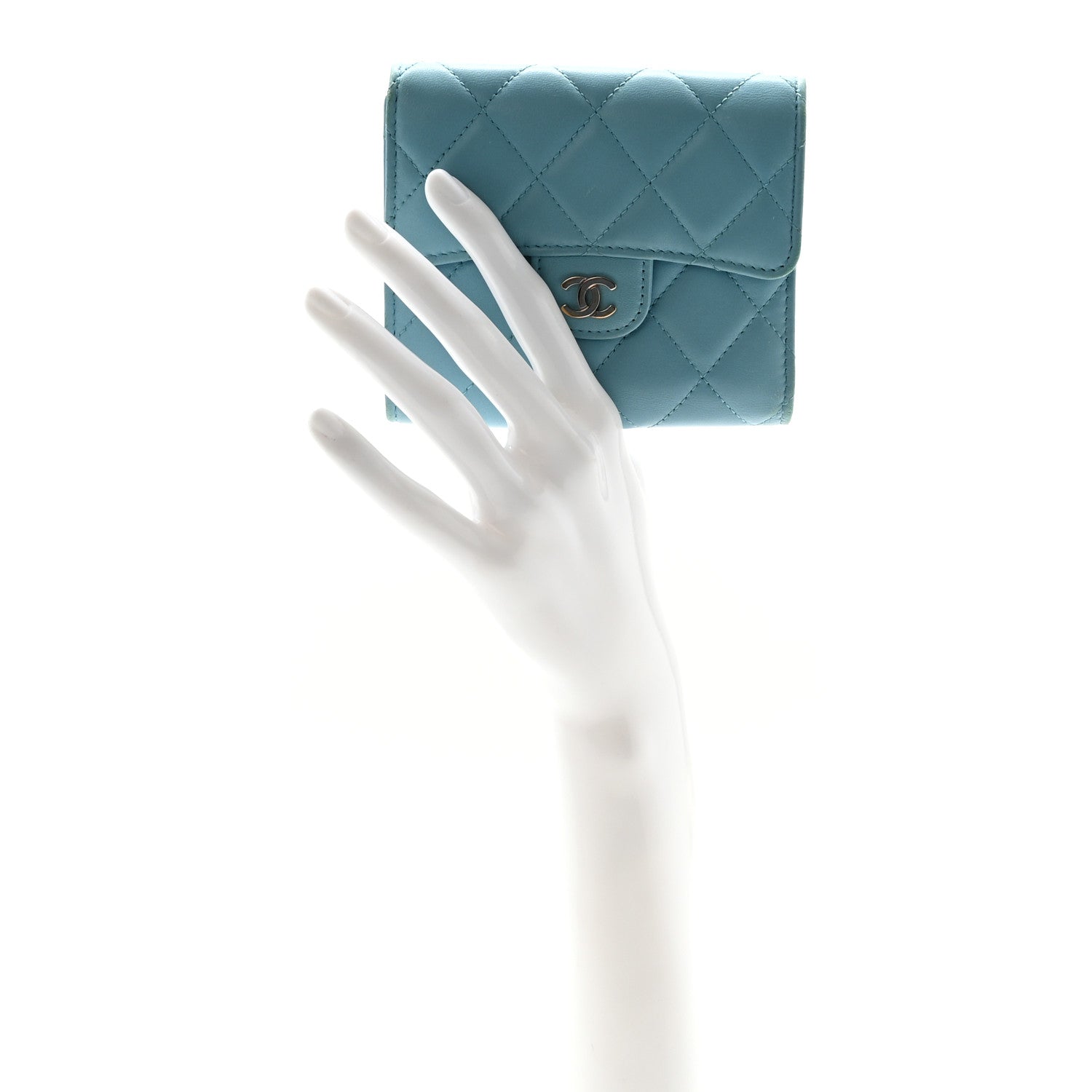 Lambskin Quilted Compact Flap Wallet Light Blue