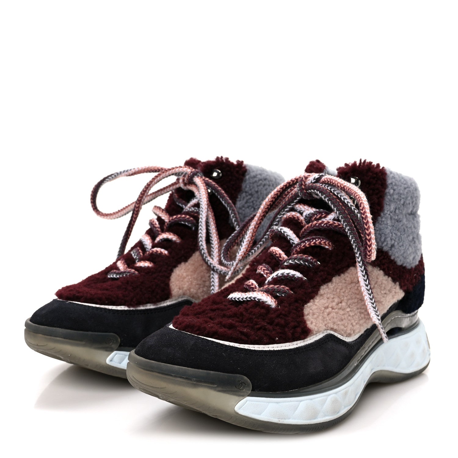 Shearling Suede CC High Top Sneakers 39 Grey Pink Burgundy