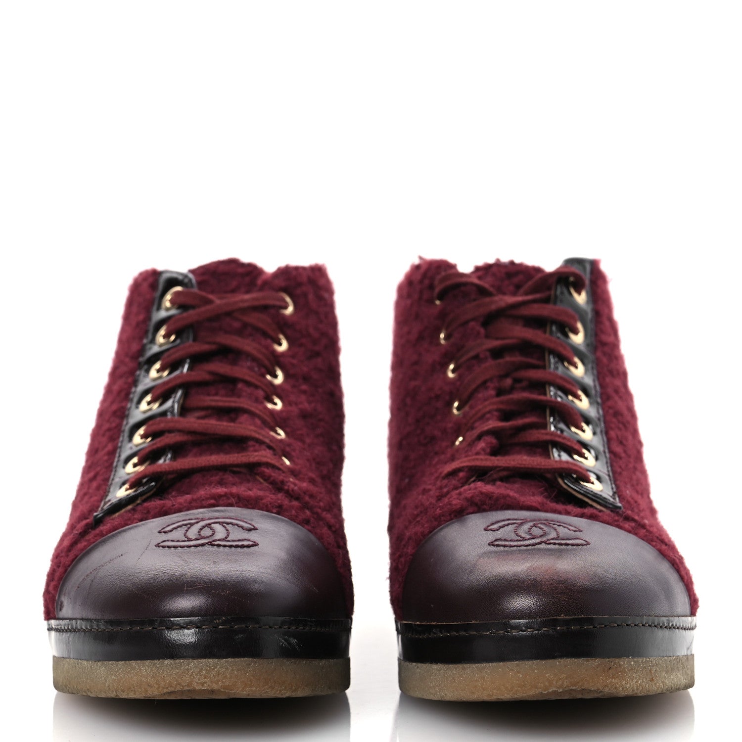 Tweed Calfskin Patent CC Lace Up Short Boots 39 Burgundy