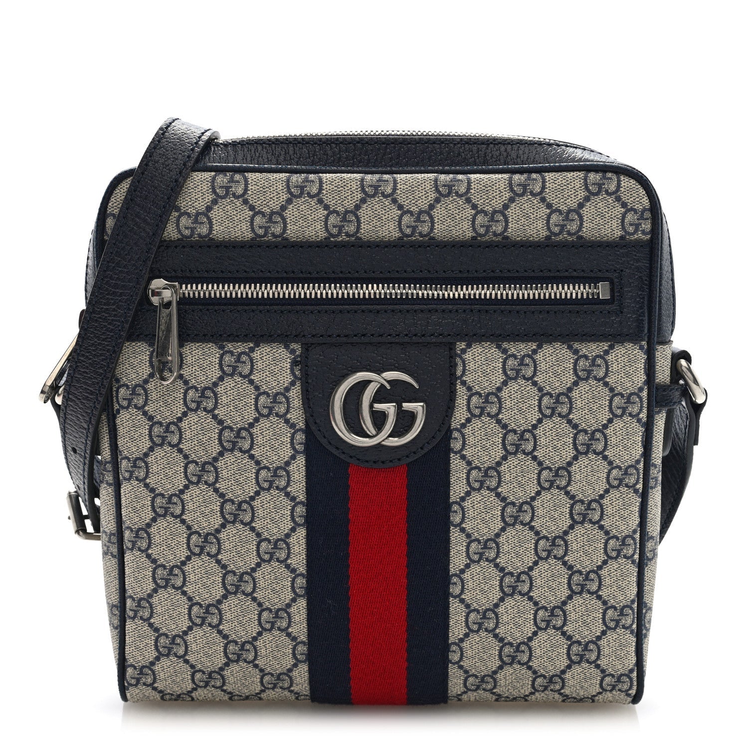 GG Supreme Monogram Textured Dollar Calfskin Web Small Ophidia Messenger Bag Beige Blue