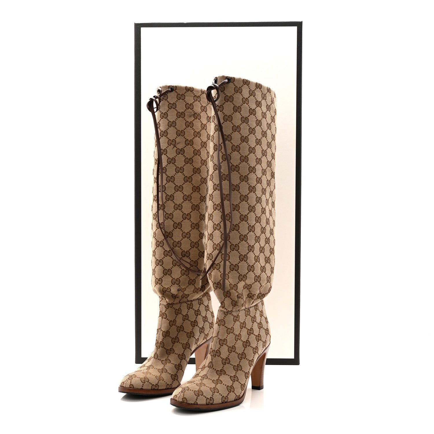 Monogram Malaga Kid Lisa Mid Heel Boots 37.5 Beige Ebony