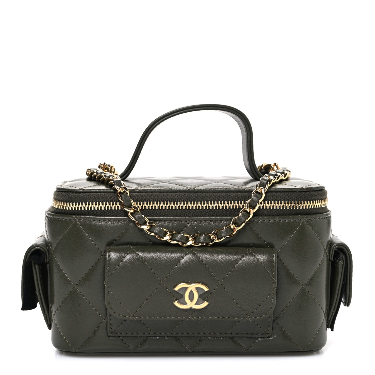 Lambskin Quilted Polly Pocket East West Top Vanity With Chain Khaki