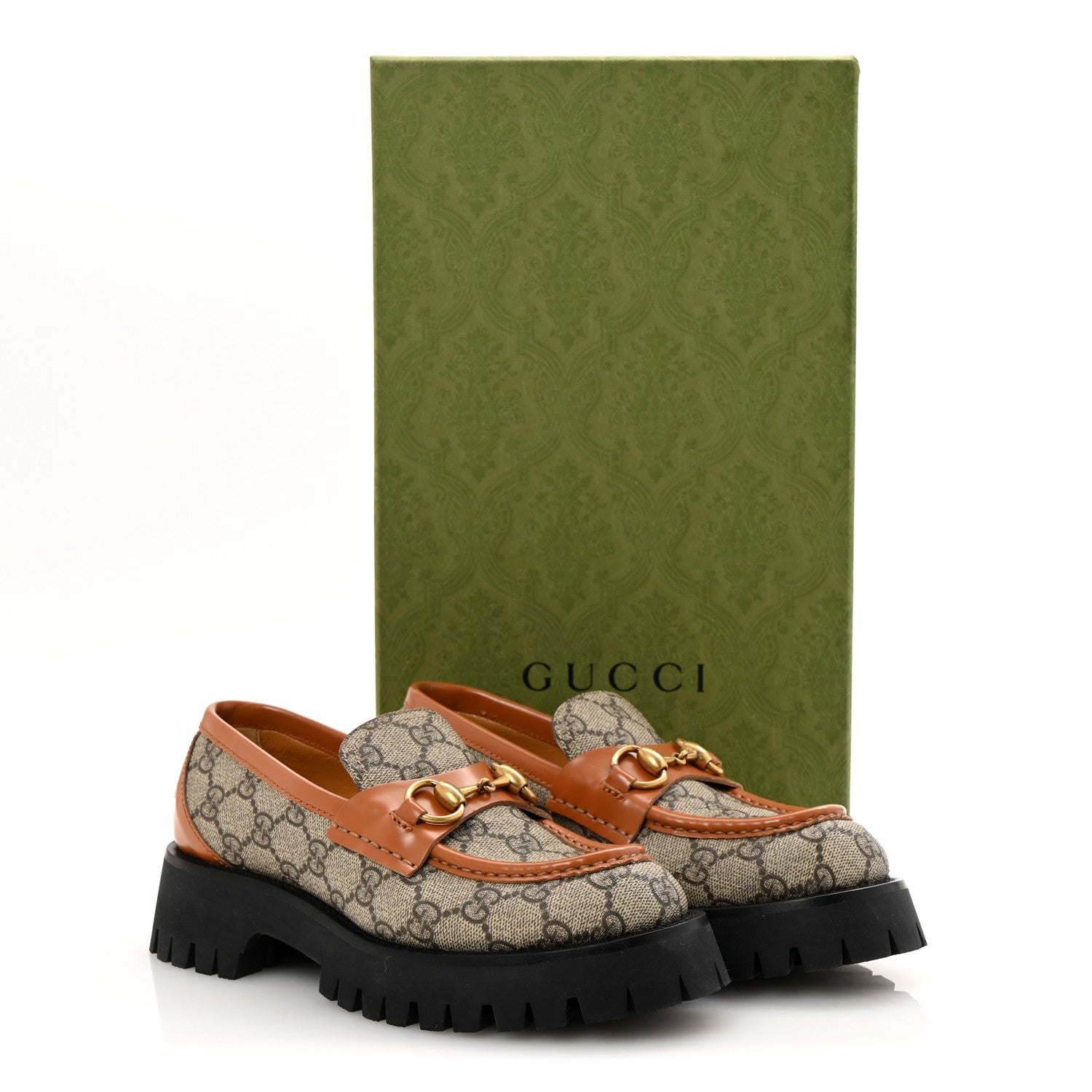GG Supreme Monogram Cordovan Lux Womens Harald Horsebit 25mm Platform Loafers 36.5 Beige Ebony