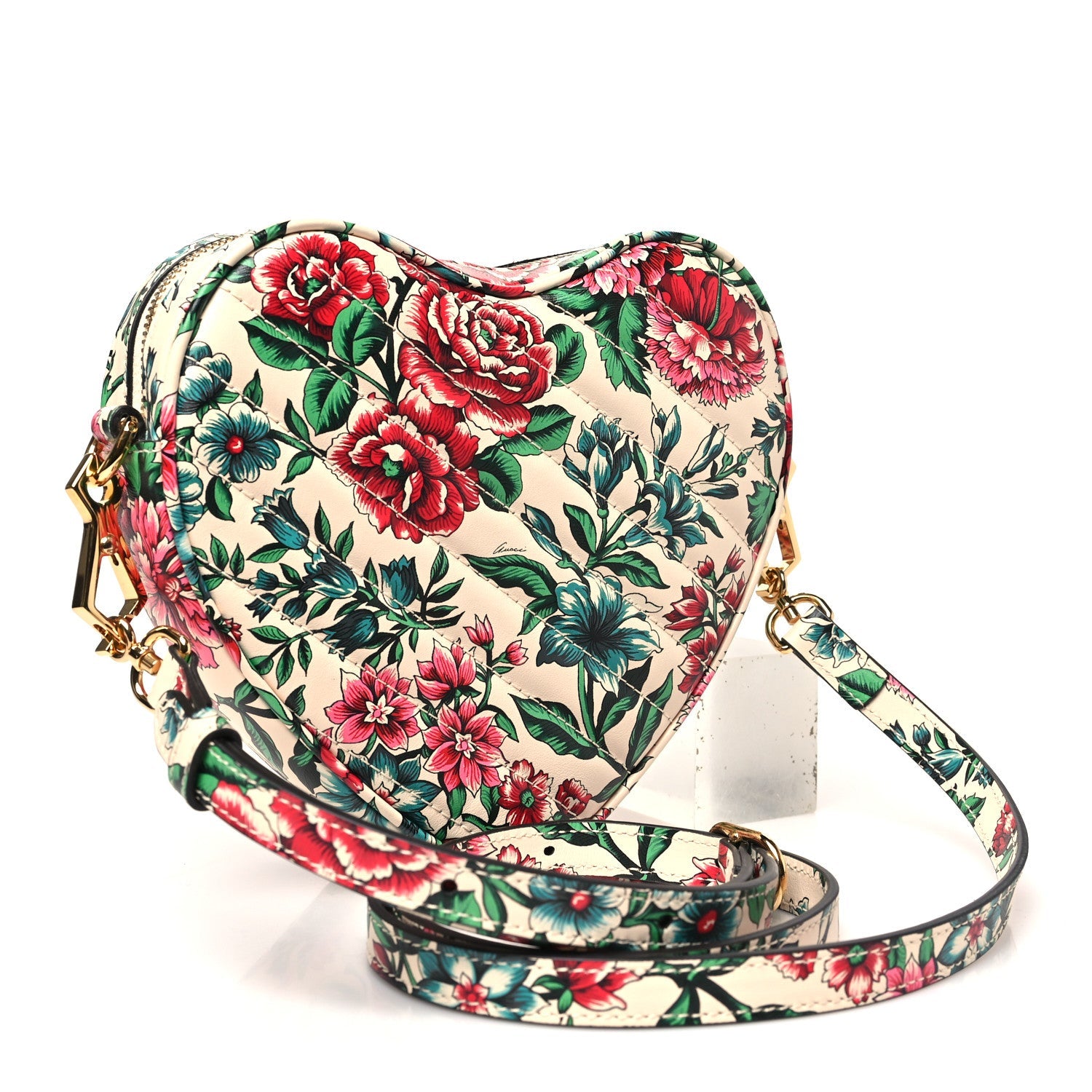 Calfskin Matelasse Diagonal Brit Roses Print Mini Interlocking G Heart Shoulder Bag  White Multicolor