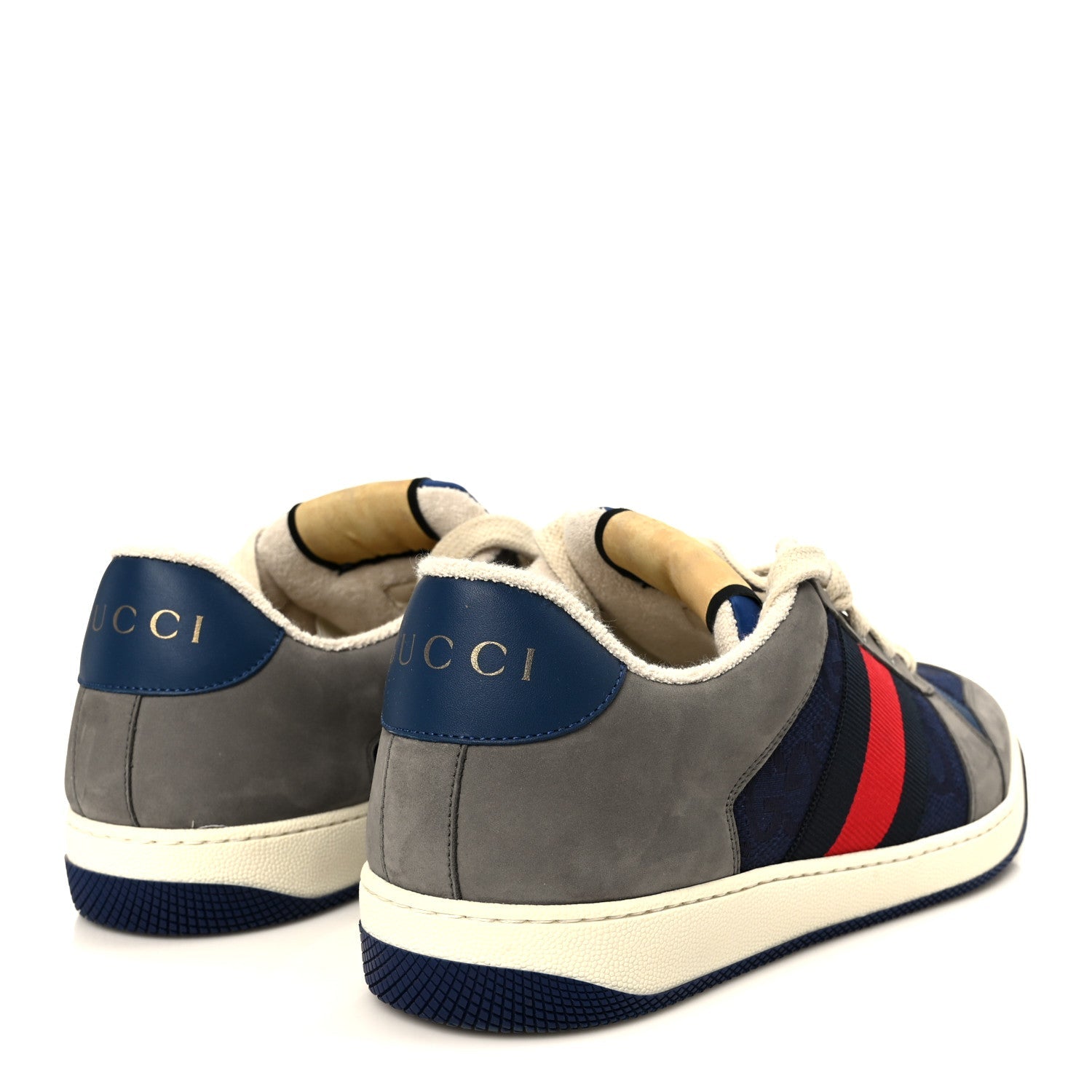 Suede GG Monogram Calfskin Web Mens Screener Sneakers 9 Grey Blue Red