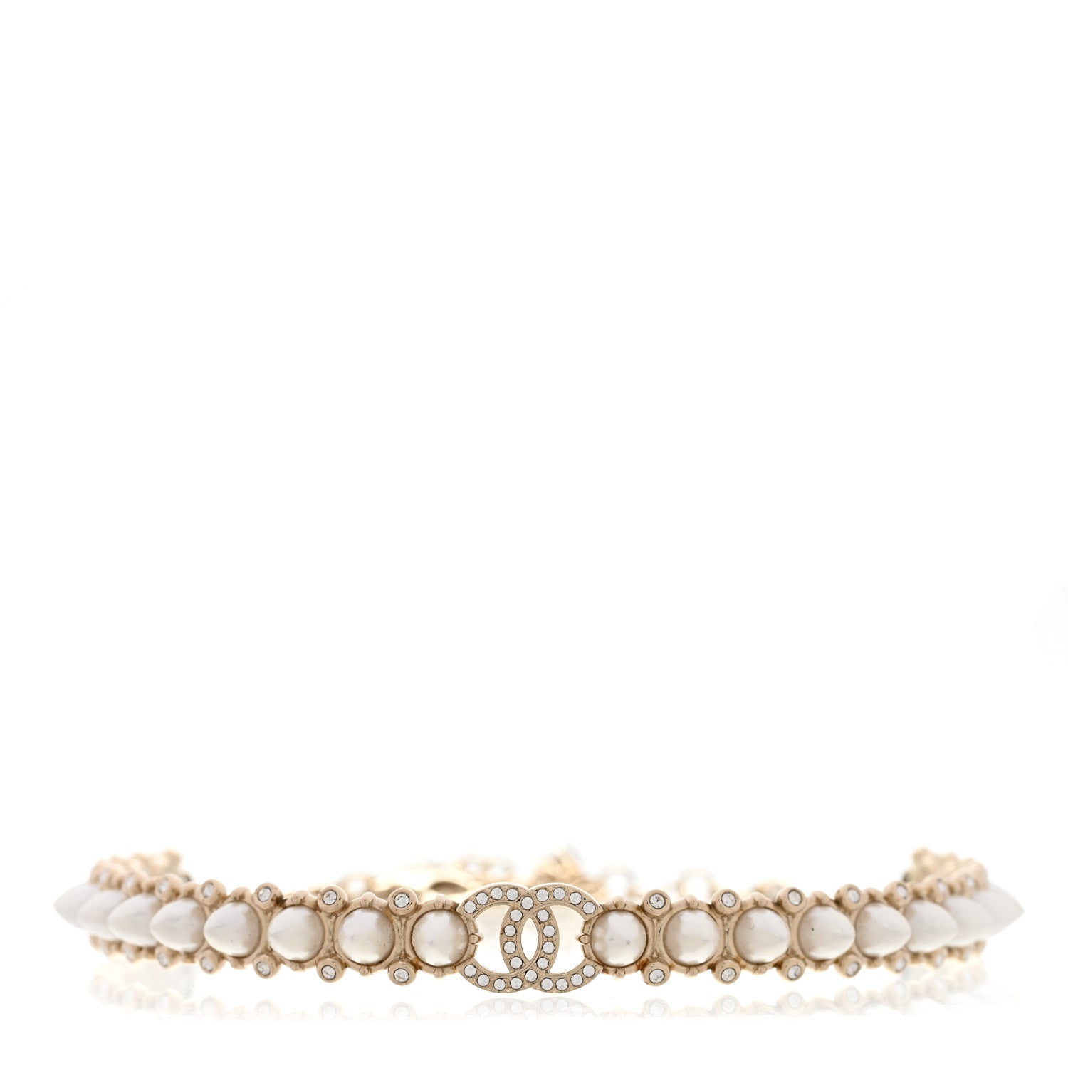 Strass Crystal Studded Pearl CC Choker Necklace Gold Pearly White