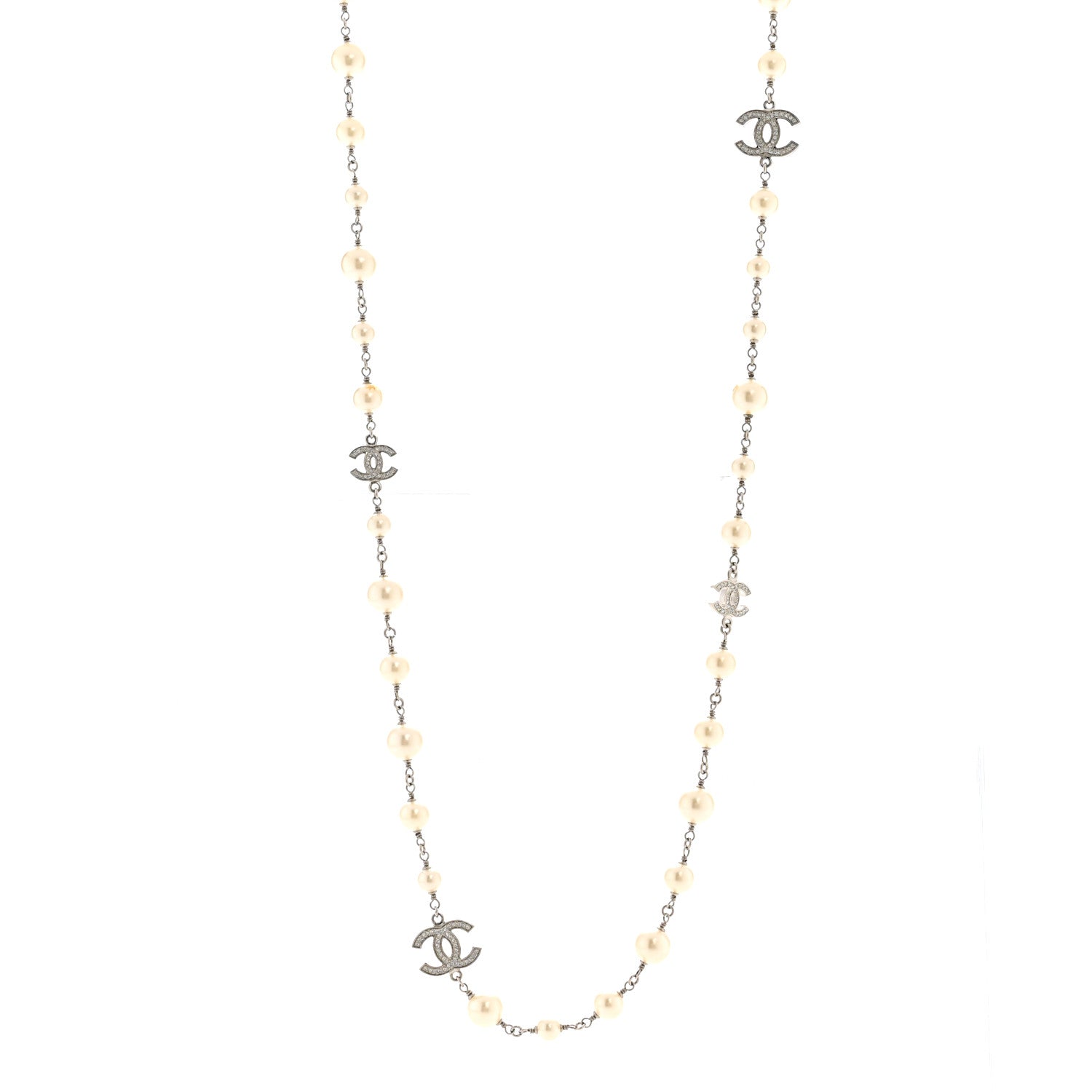 Graduated Pearl Crystal CC Long Necklace Silver