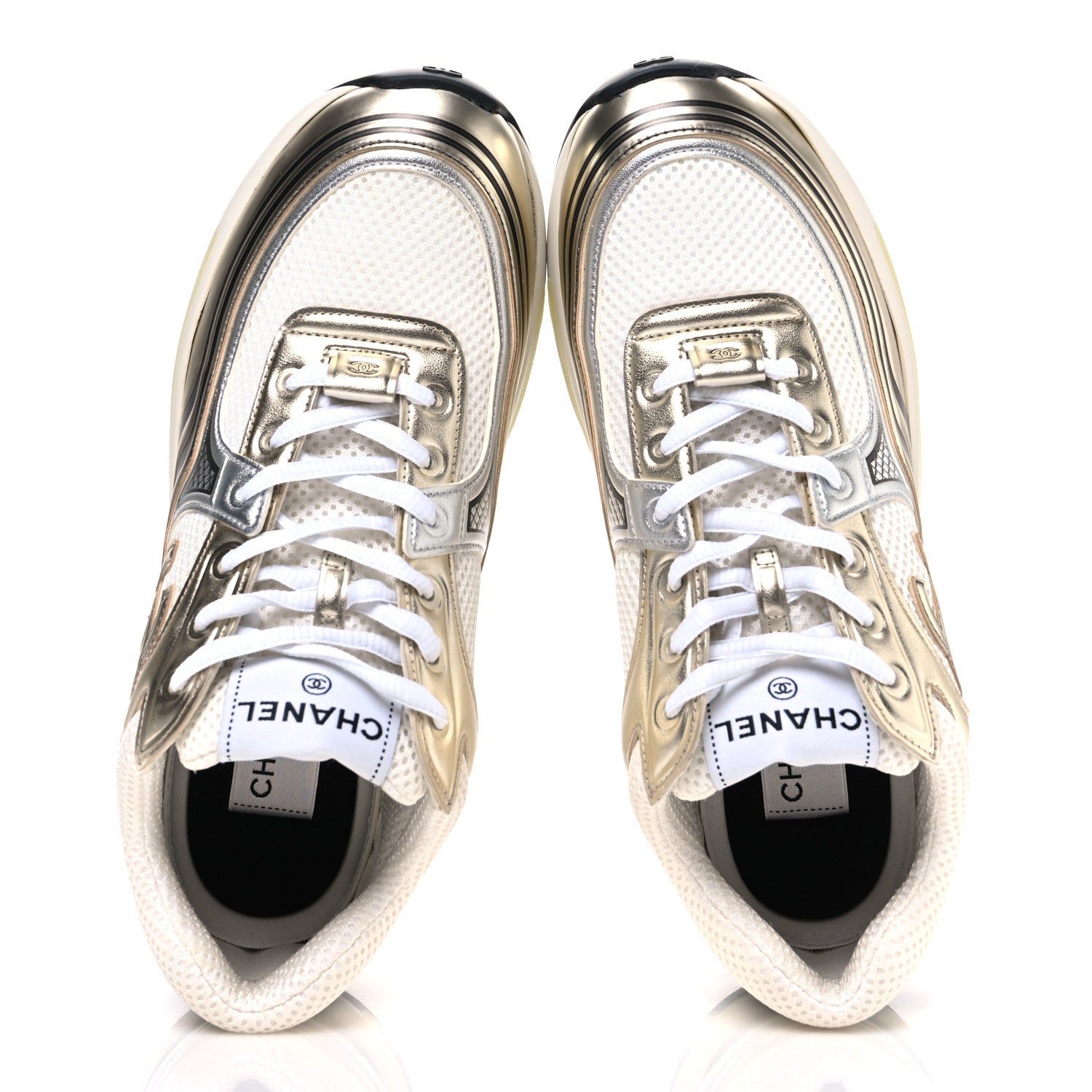 Fabric Laminated Calfskin Stretch CC Womens Sneakers 39.5 White Silver