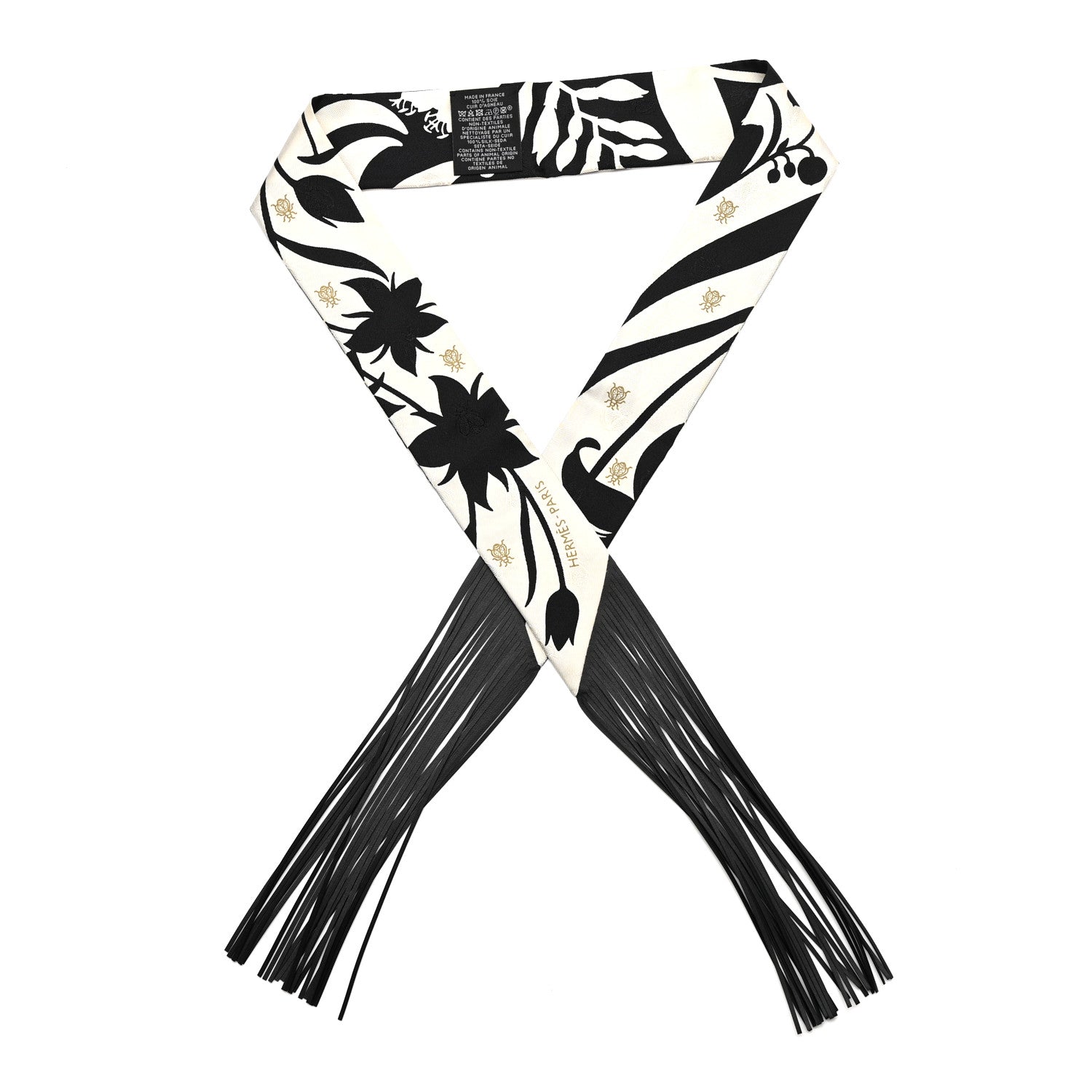 Silk Calfskin Bouquet Final Fringed Twilly Creme Black