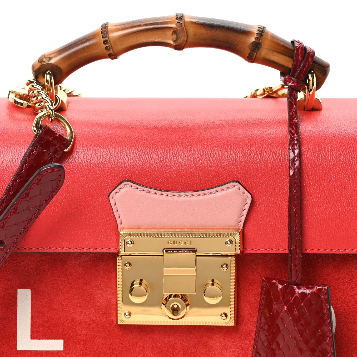 Calfskin Suede Snakeskin Valentines Day Small Padlock Bamboo Shoulder Bag Red Pink Multicolor