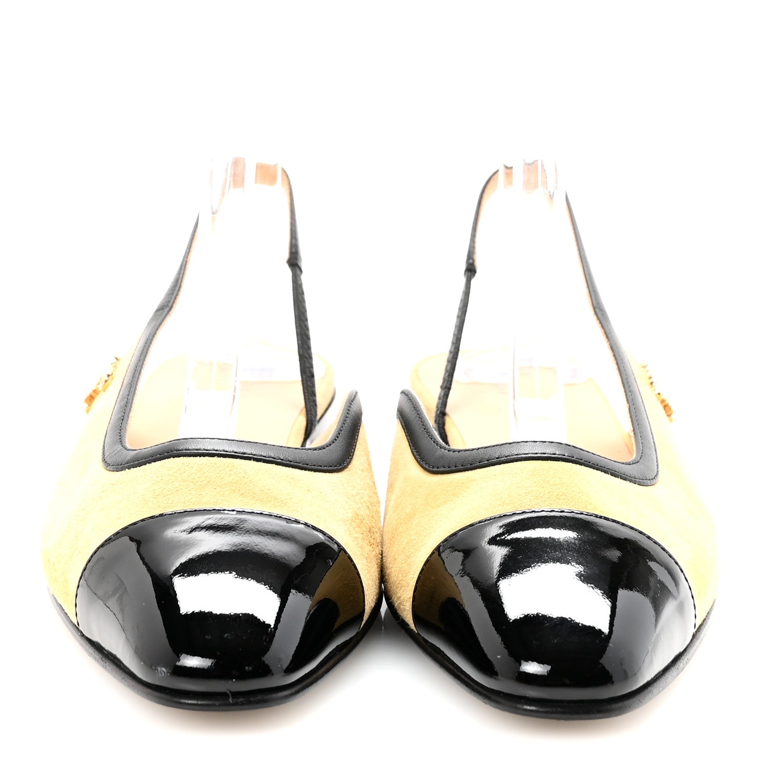 Suede Kidskin Lambskin Patent Calfskin Crystal CC Cap Toe Slingback Flats 37.5 Beige Black
