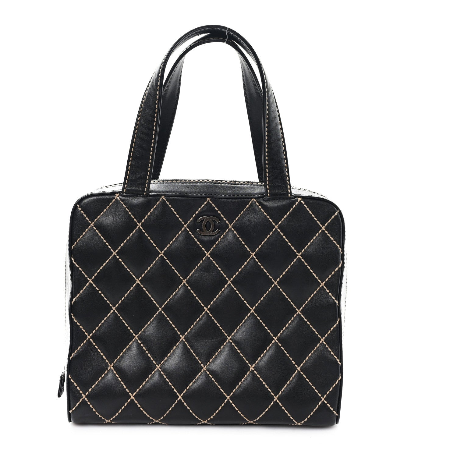 Calfskin Wild Stitch Vertical Top Handle Bag Black
